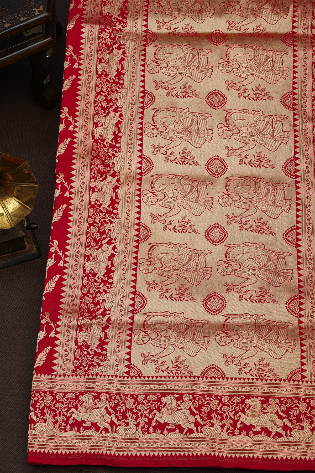 Banarasi Silk Red Saree With Birds And Women Motifs Border