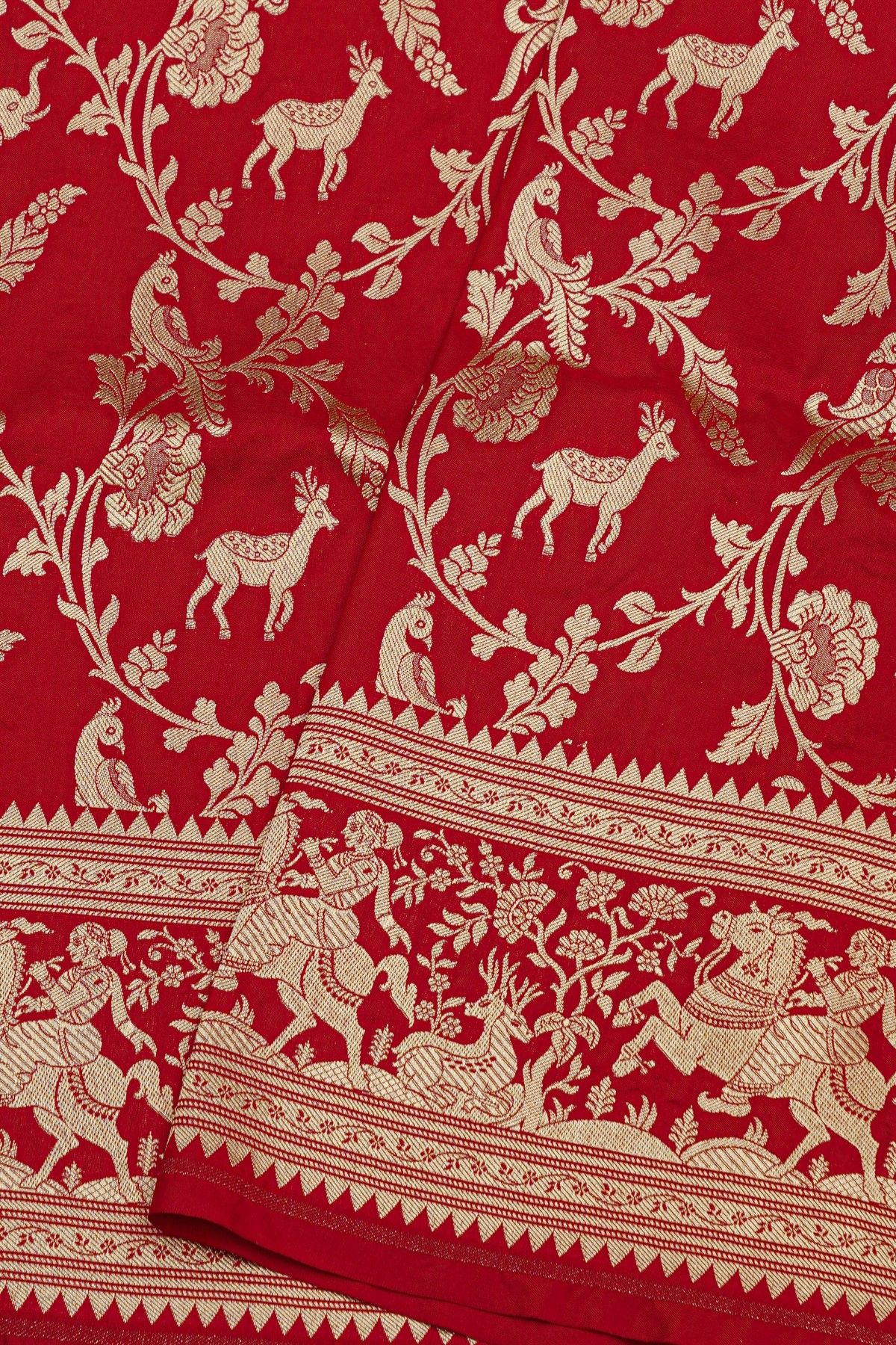 Banarasi Silk Red Saree With Birds And Women Motifs Border