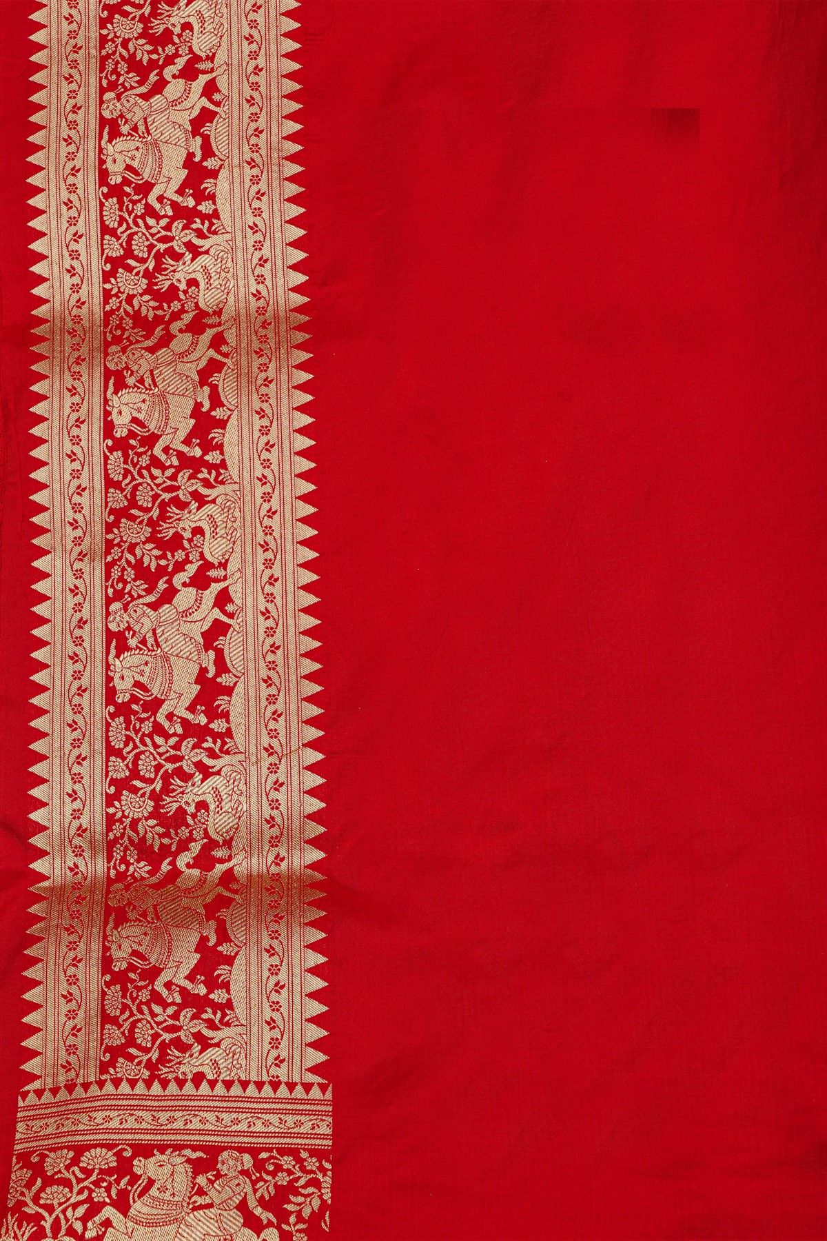 Banarasi Silk Red Saree With Birds And Women Motifs Border