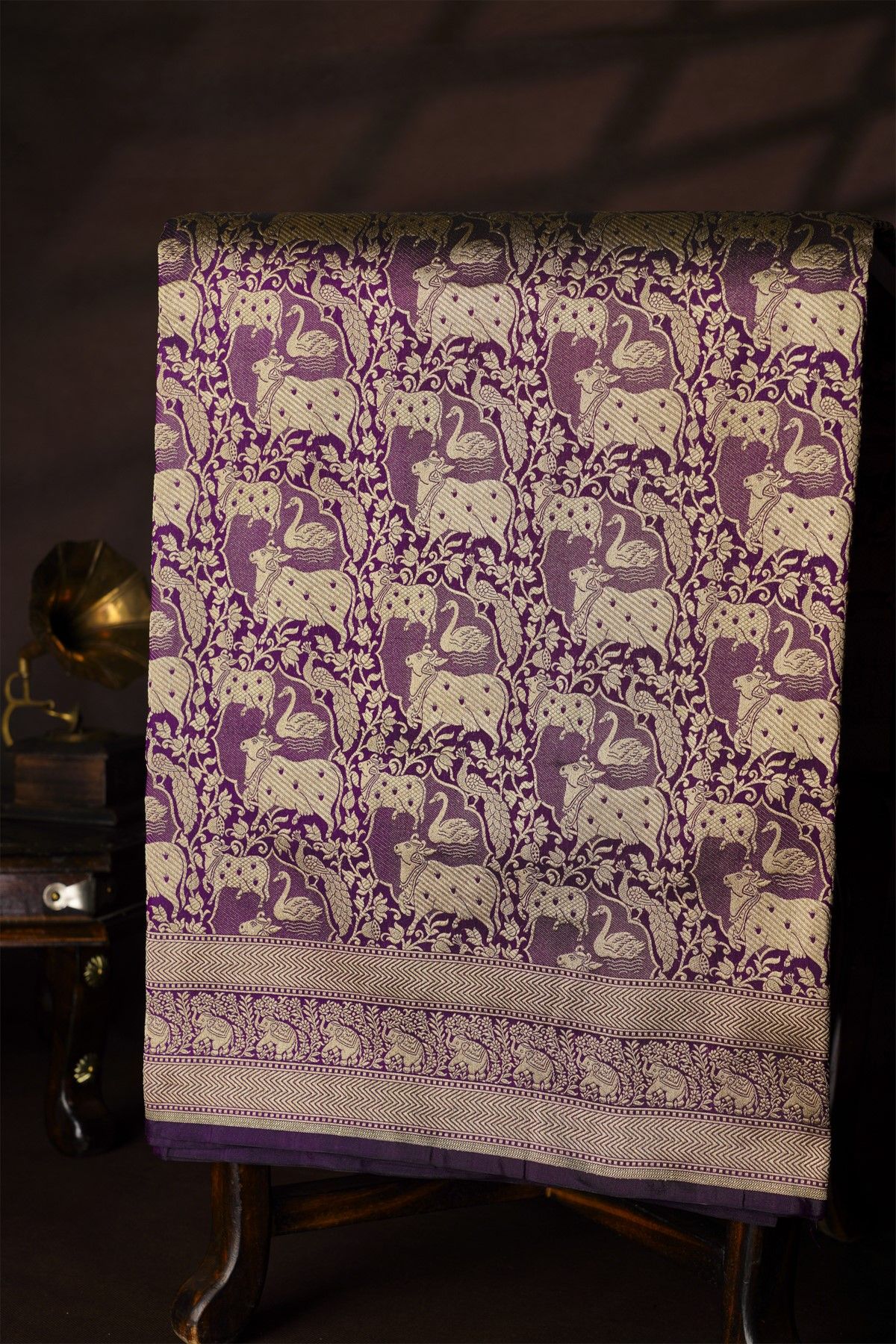 Banarasi Silk Beige Saree With All Over Jaal Cows And Crowns Body