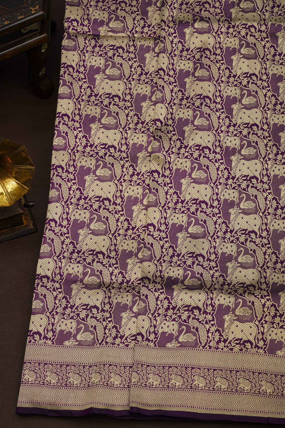 Banarasi Silk Beige Saree With All Over Jaal Cows And Crowns Body