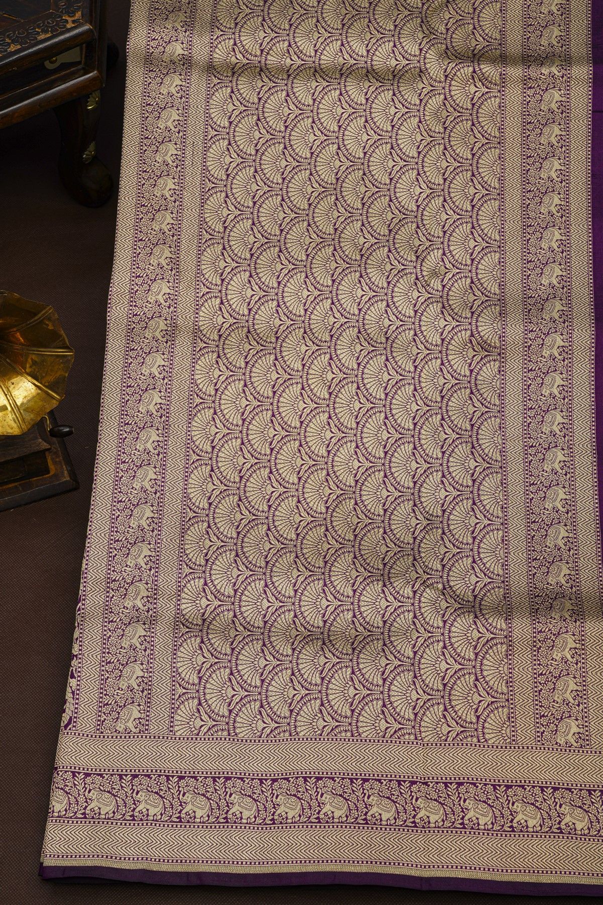 Banarasi Silk Beige Saree With All Over Jaal Cows And Crowns Body