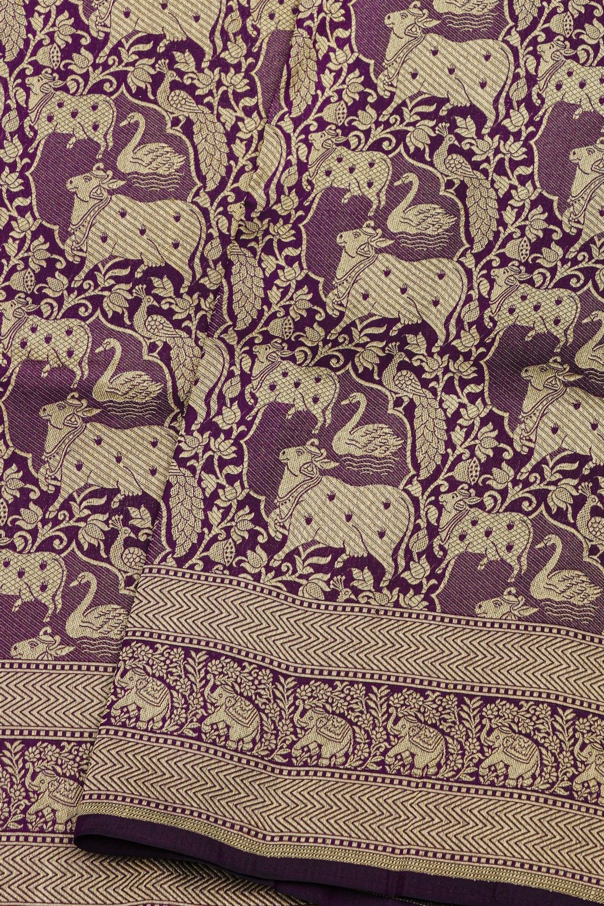Banarasi Silk Beige Saree With All Over Jaal Cows And Crowns Body