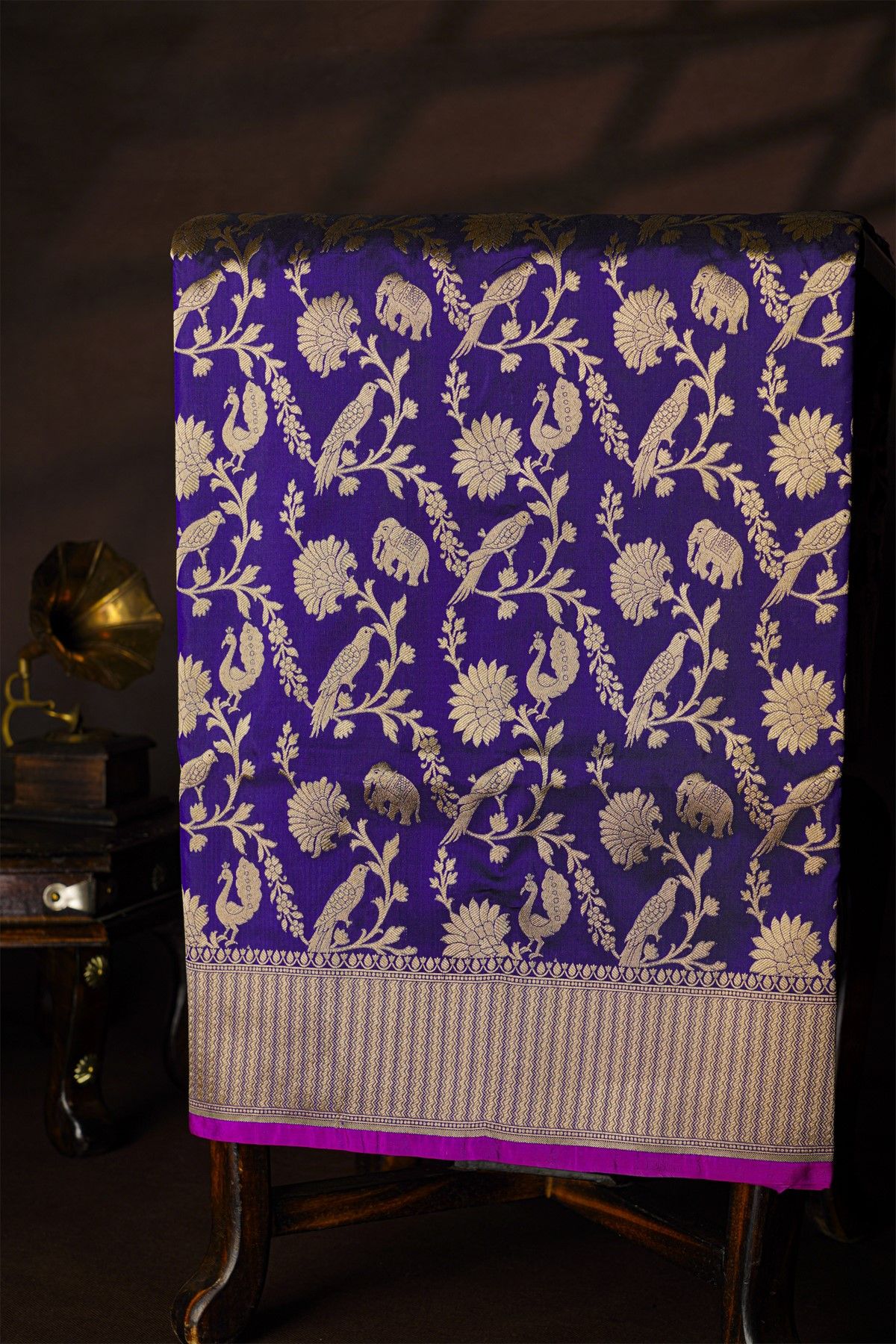 Banarasi Silk Violet Saree With Zig-Zag Lines In Zari Border