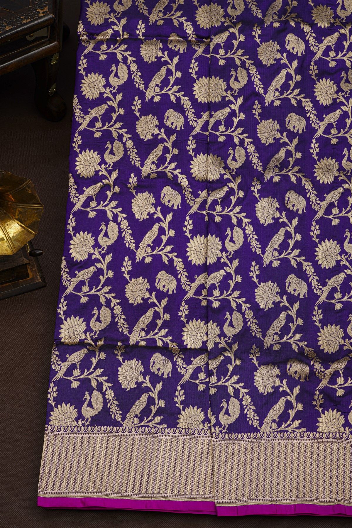 Banarasi Silk Violet Saree With Zig-Zag Lines In Zari Border