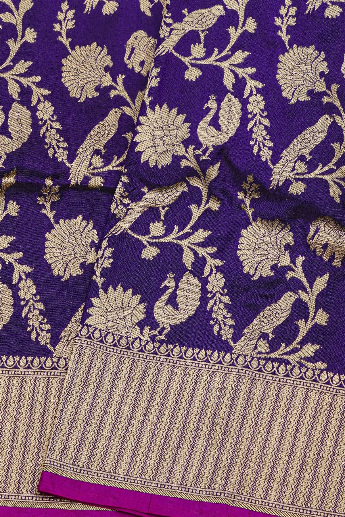 Banarasi Silk Violet Saree With Zig-Zag Lines In Zari Border
