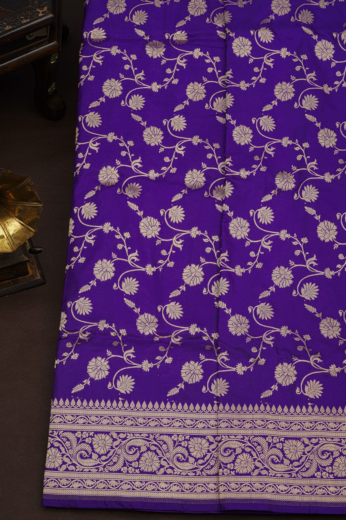 Banarasi Silk Purple Saree With Florals And Leaves In Jaal Border
