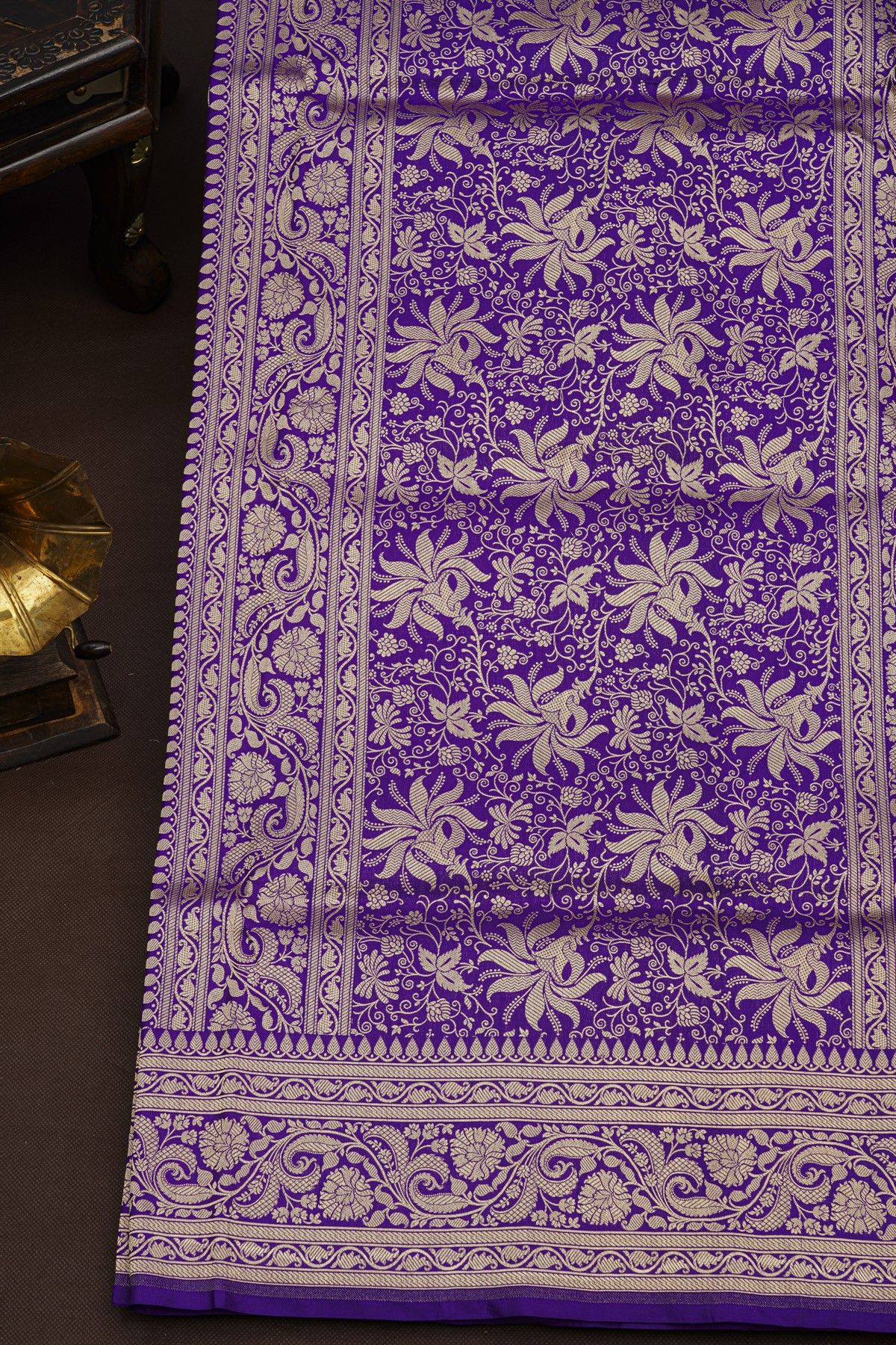 Banarasi Silk Purple Saree With Florals And Leaves In Jaal Border