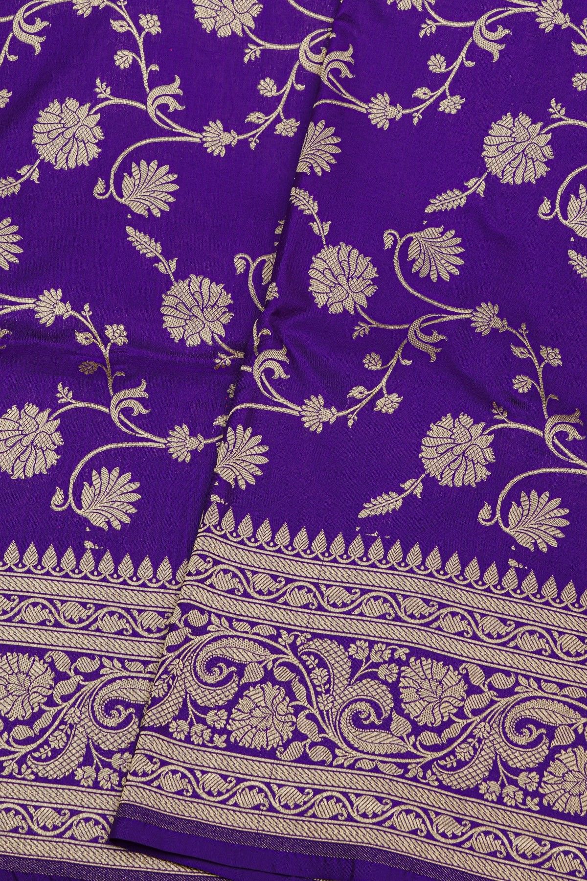 Banarasi Silk Purple Saree With Florals And Leaves In Jaal Border