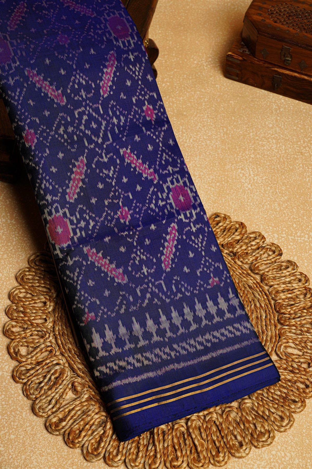 Patola Silk Navy Blue Saree With Florals And Leaves Body