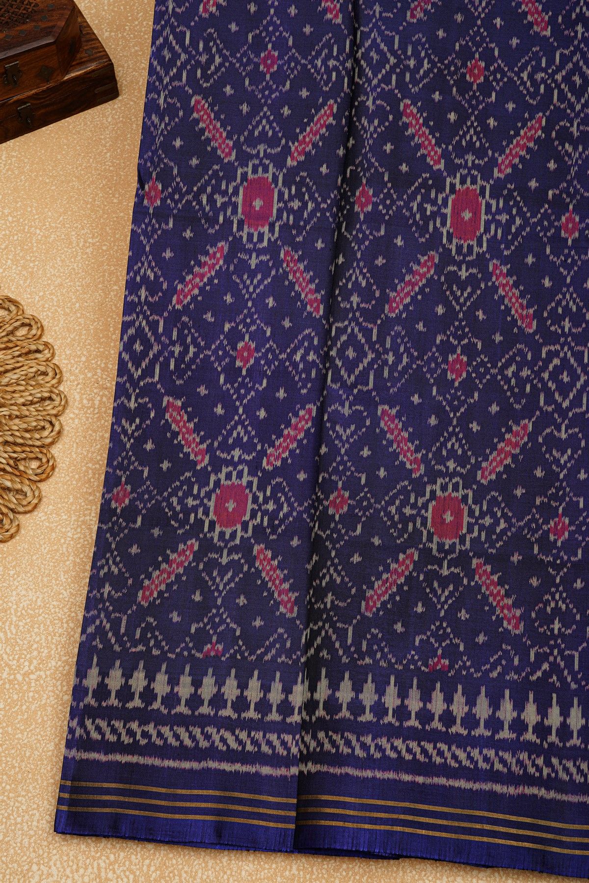 Patola Silk Navy Blue Saree With Florals And Leaves Body