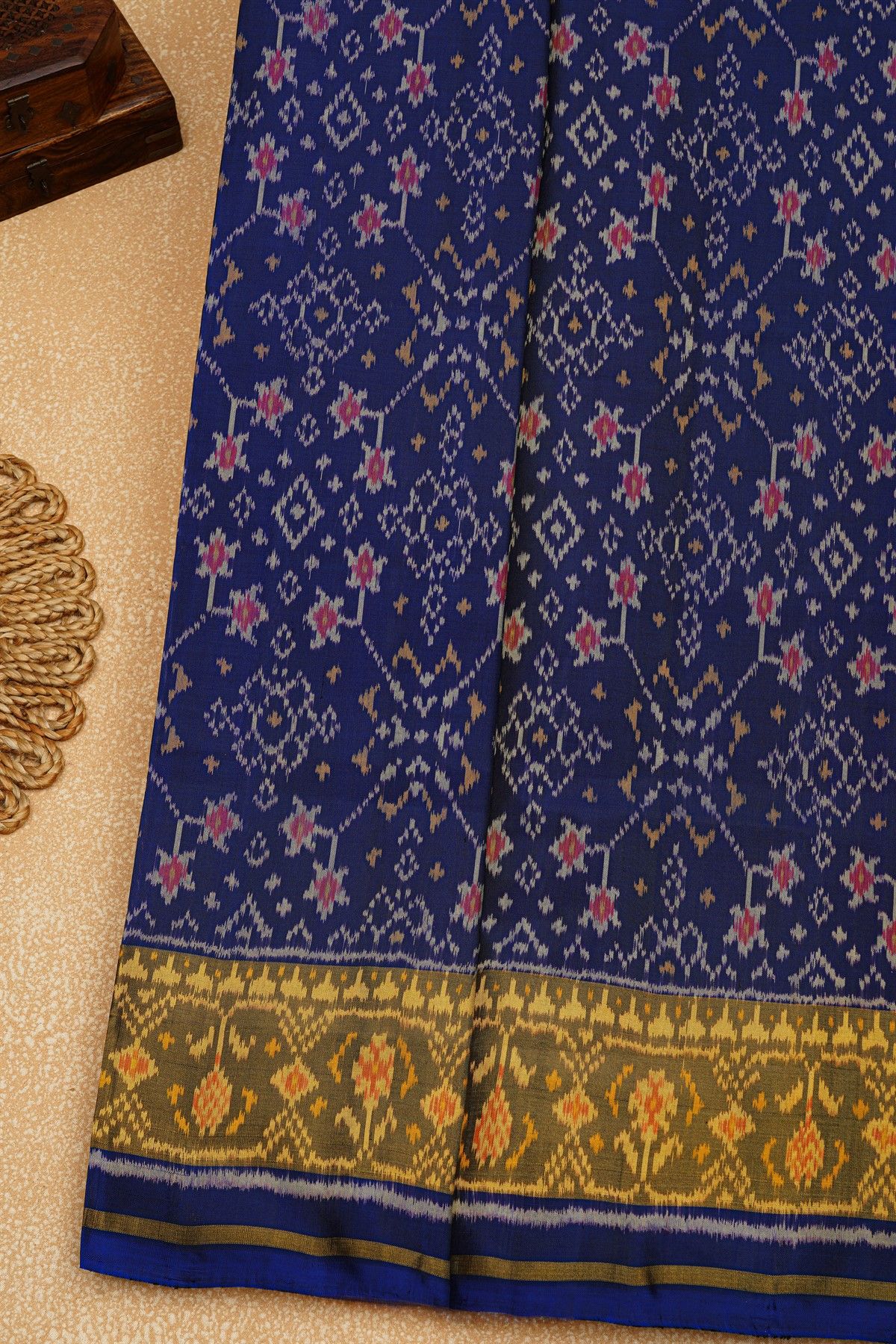 Patola Silk Royal Blue Saree With Florals And Leaves Jaal Border