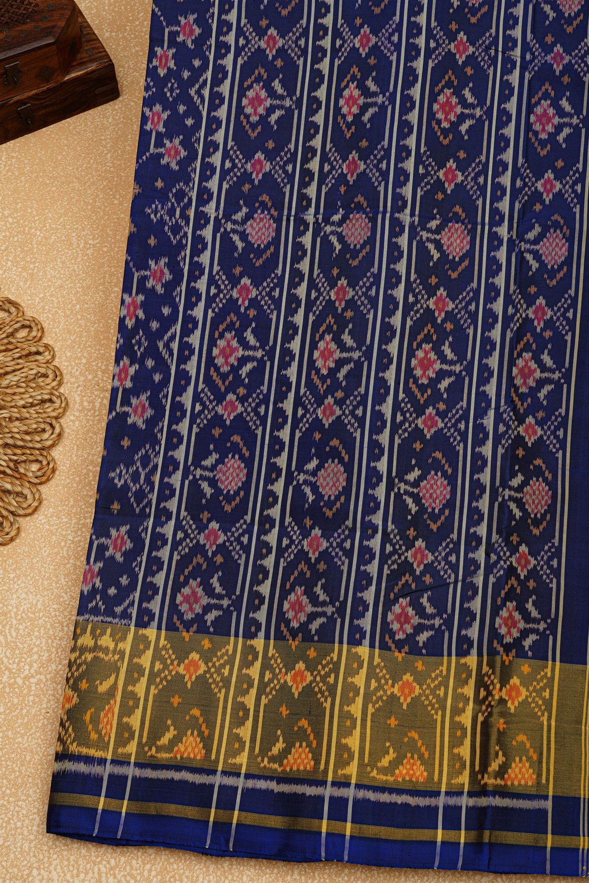 Patola Silk Royal Blue Saree With Florals And Leaves Jaal Border
