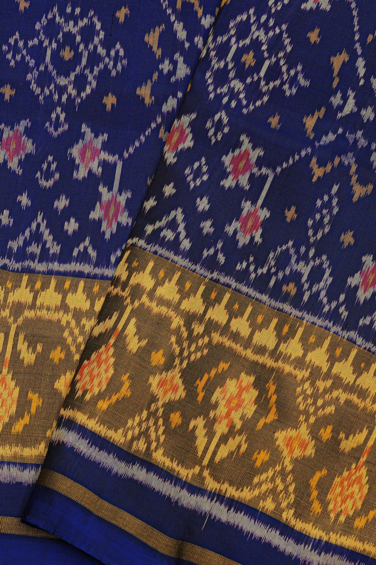 Patola Silk Royal Blue Saree With Florals And Leaves Jaal Border