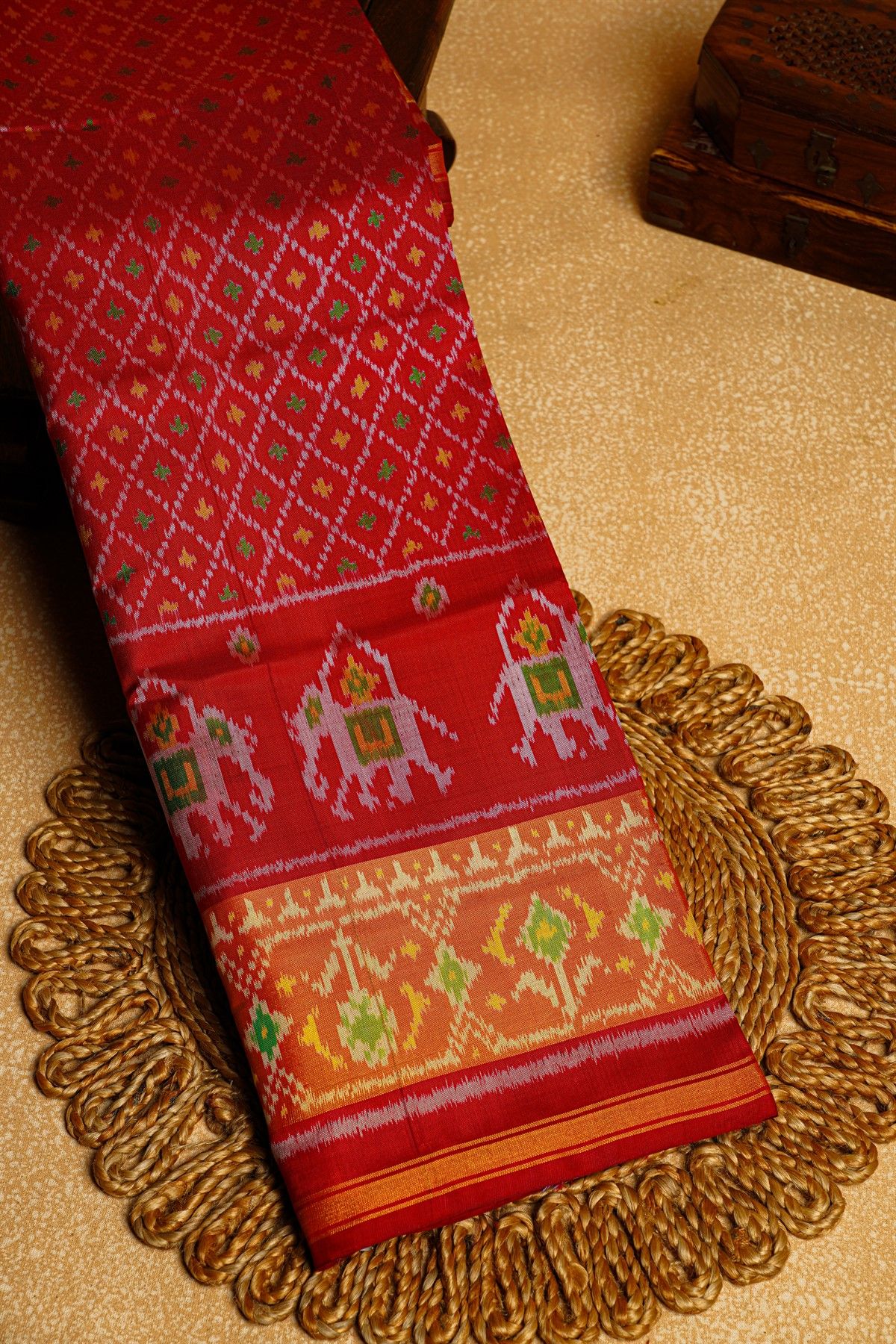 Patola Silk Red Saree With Floral Buttis In Cross Checks Body