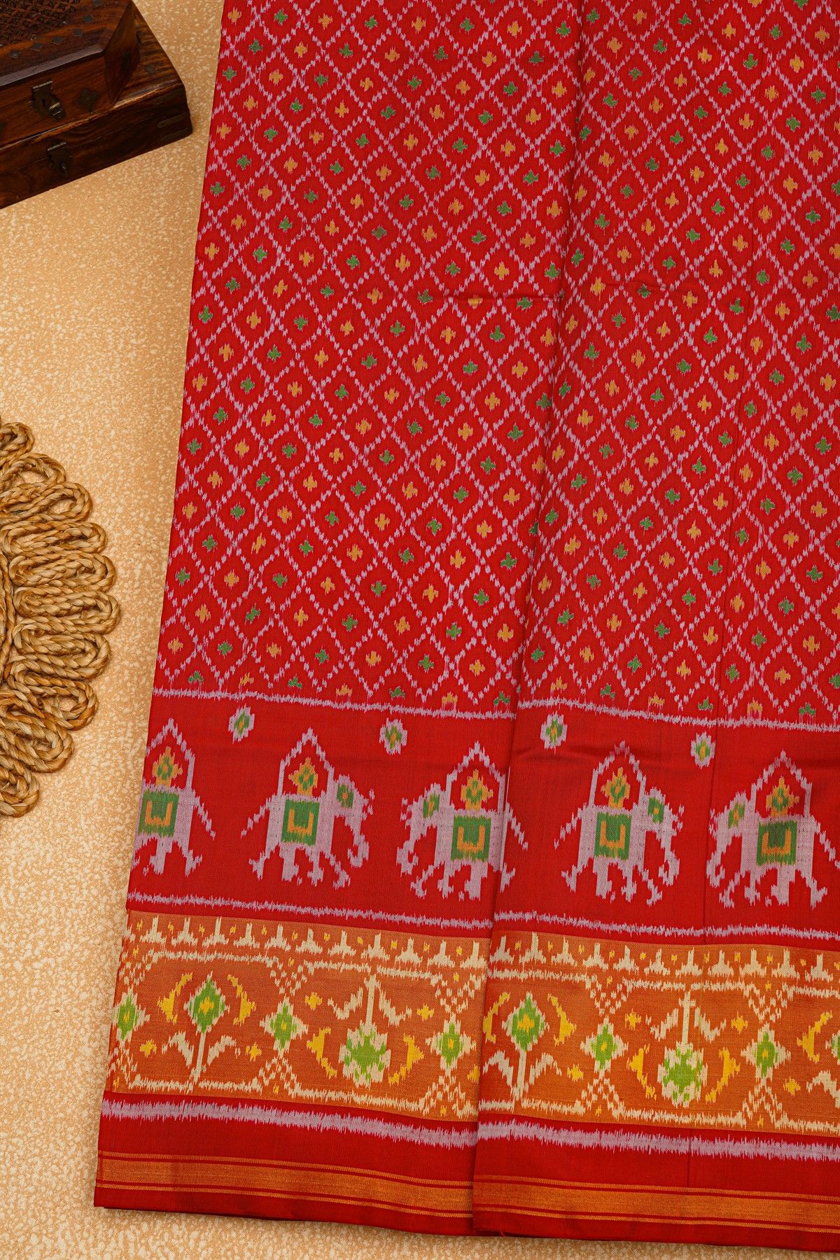 Patola Silk Red Saree With Floral Buttis In Cross Checks Body