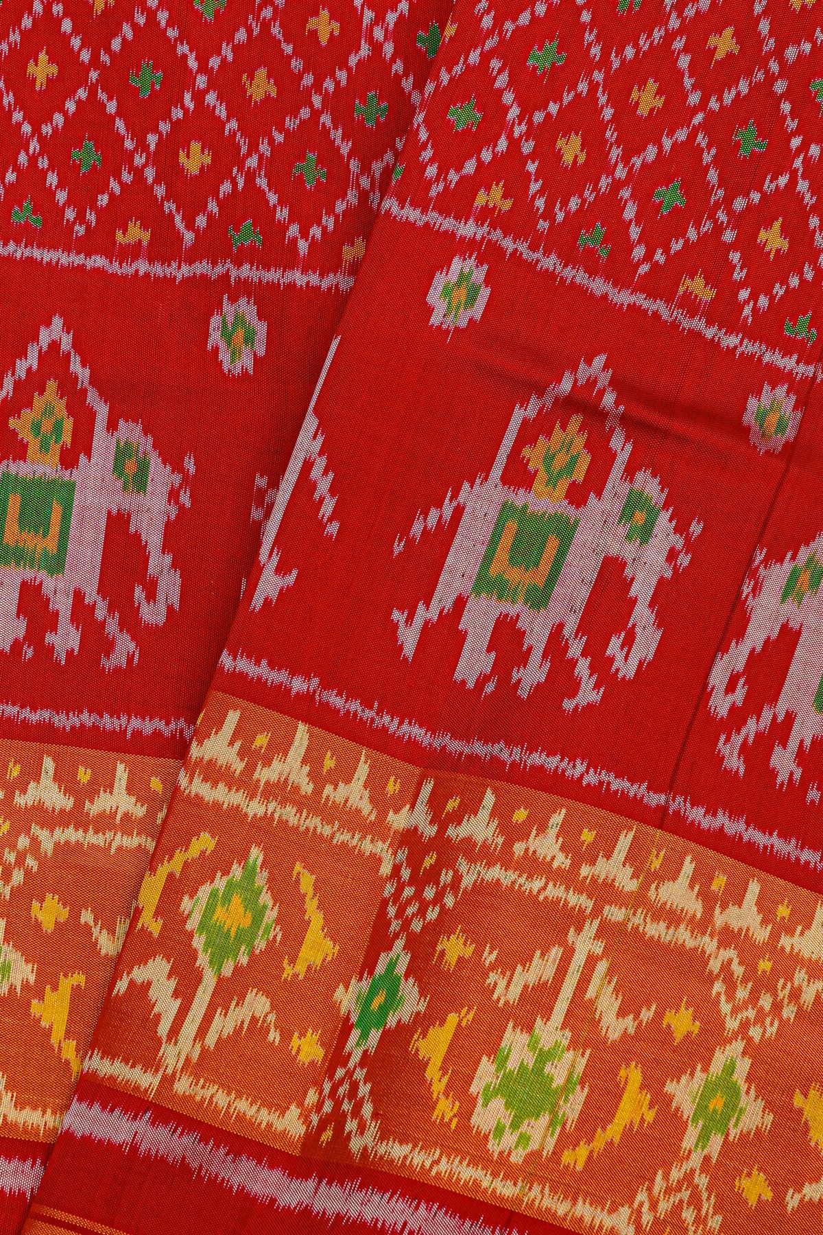 Patola Silk Red Saree With Floral Buttis In Cross Checks Body
