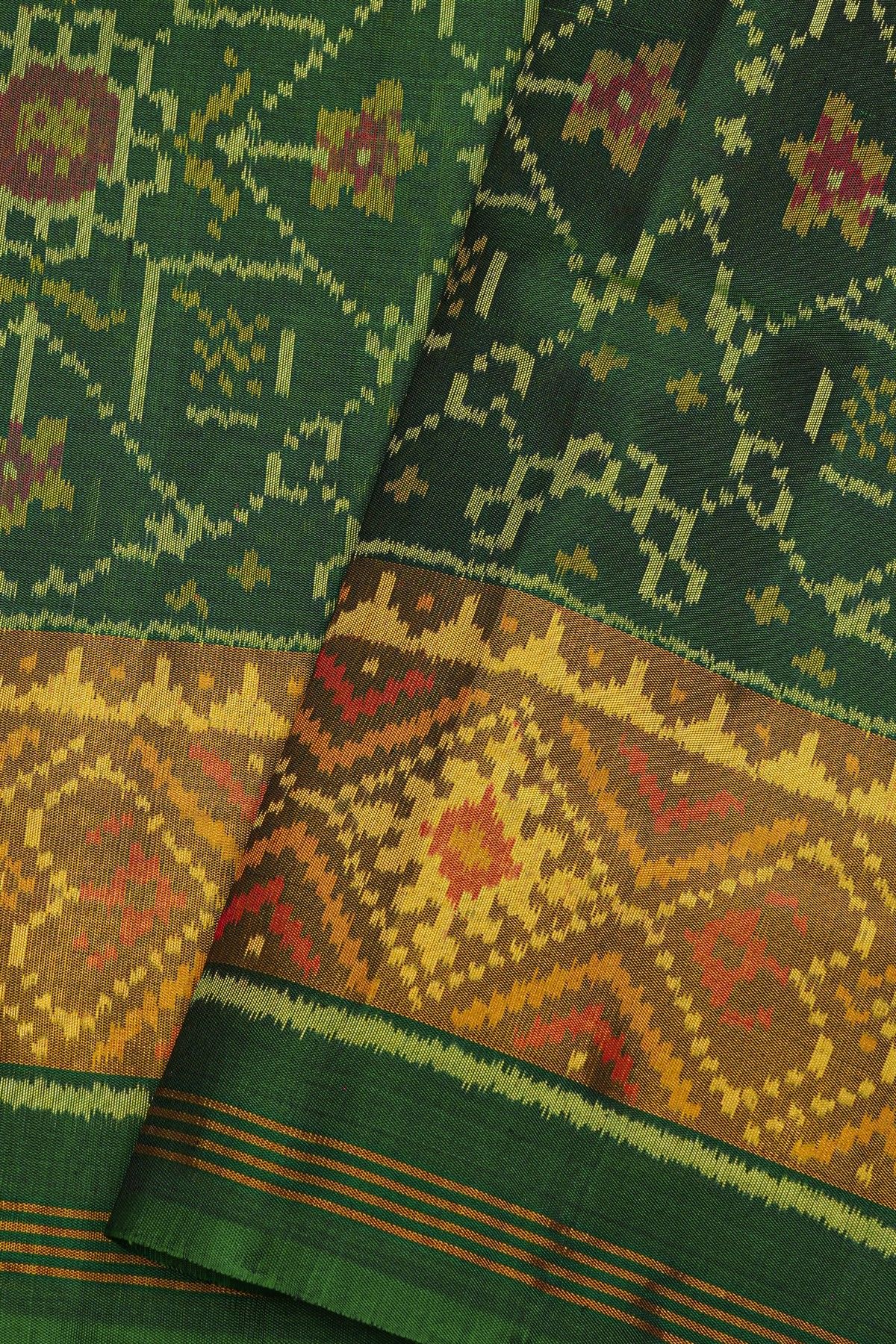 Patola Silk Bottle Green Saree With Florals And Leaves Jaal Border