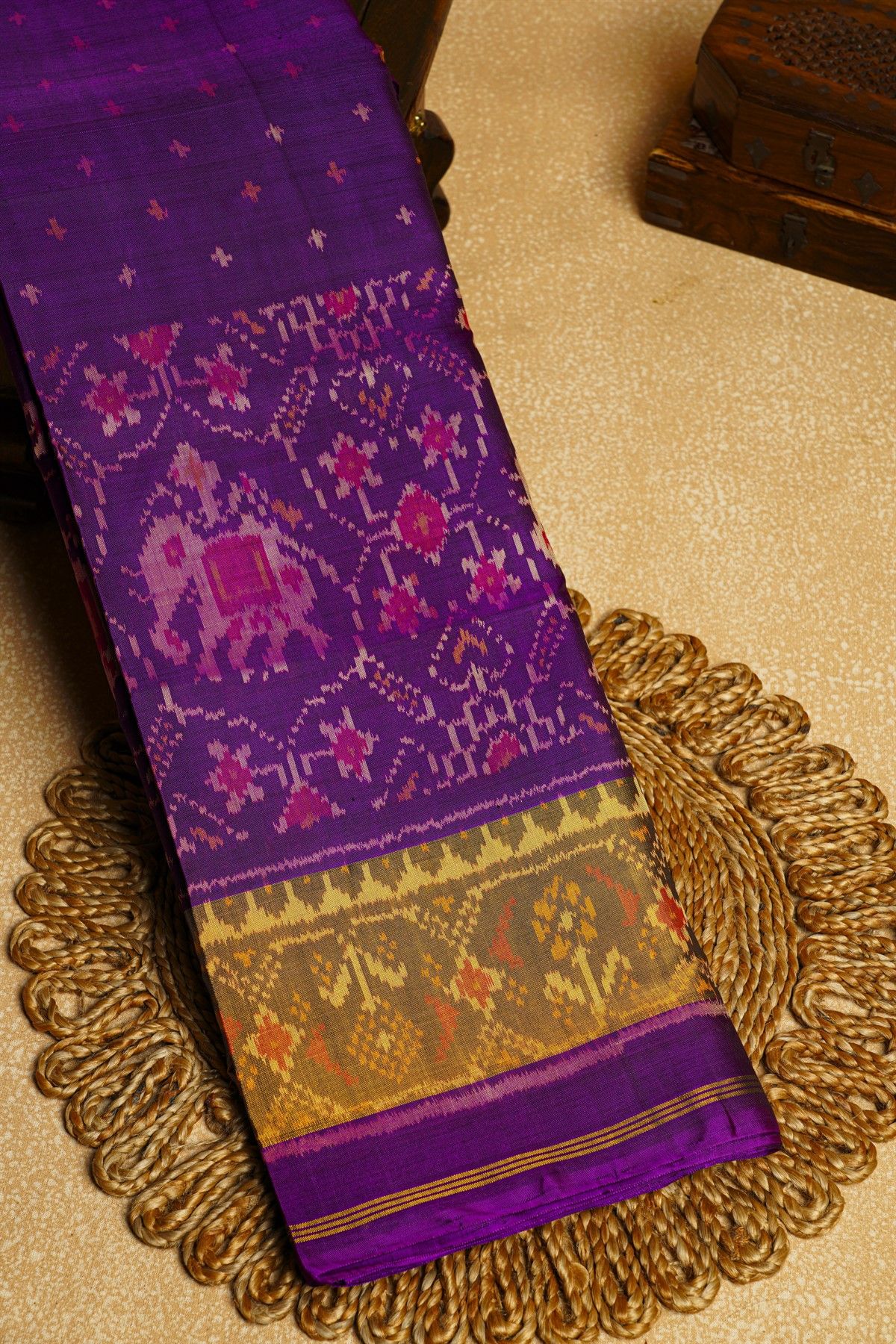 Patola Silk Violet Saree With Florals And Elephants Body