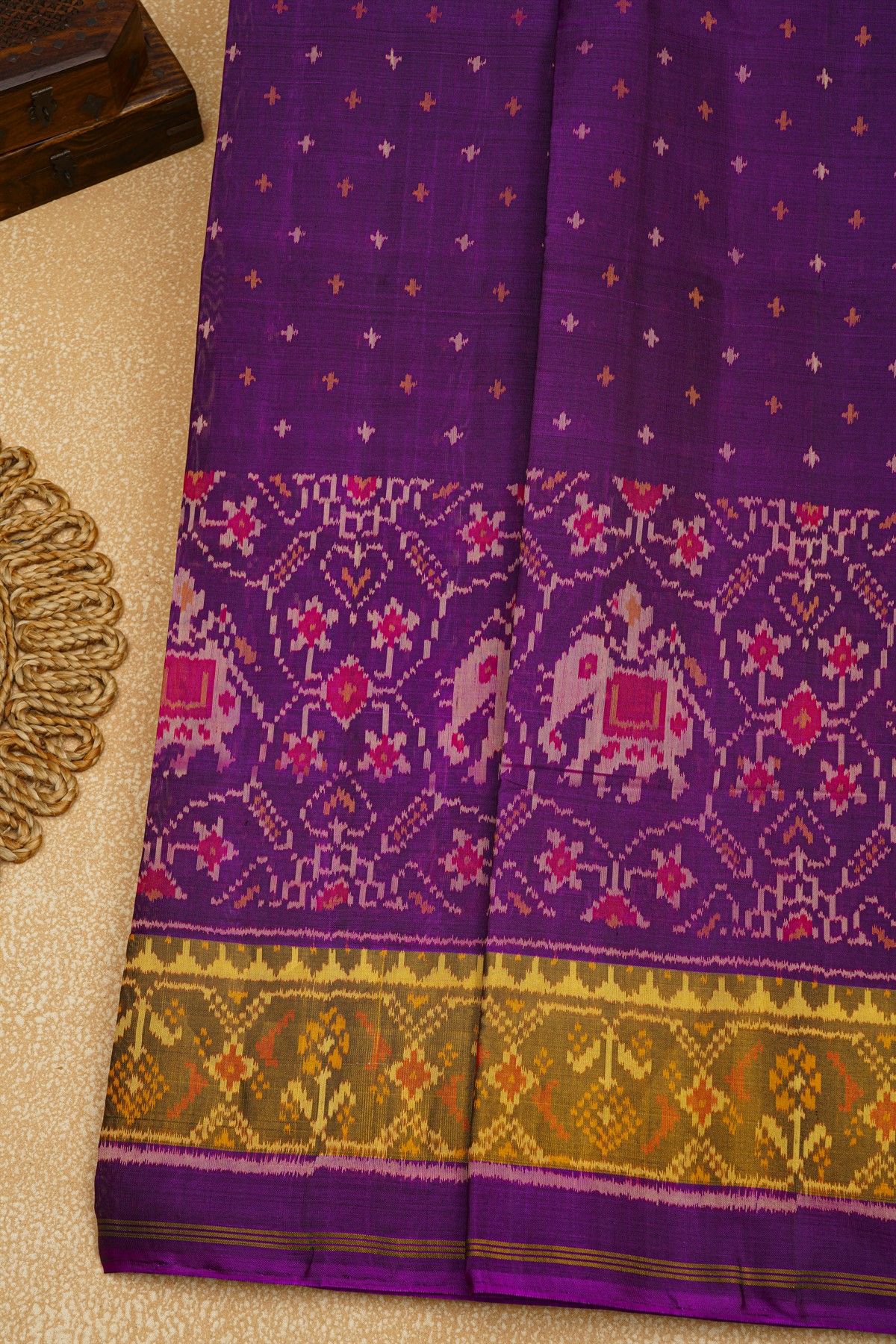 Patola Silk Violet Saree With Florals And Elephants Body