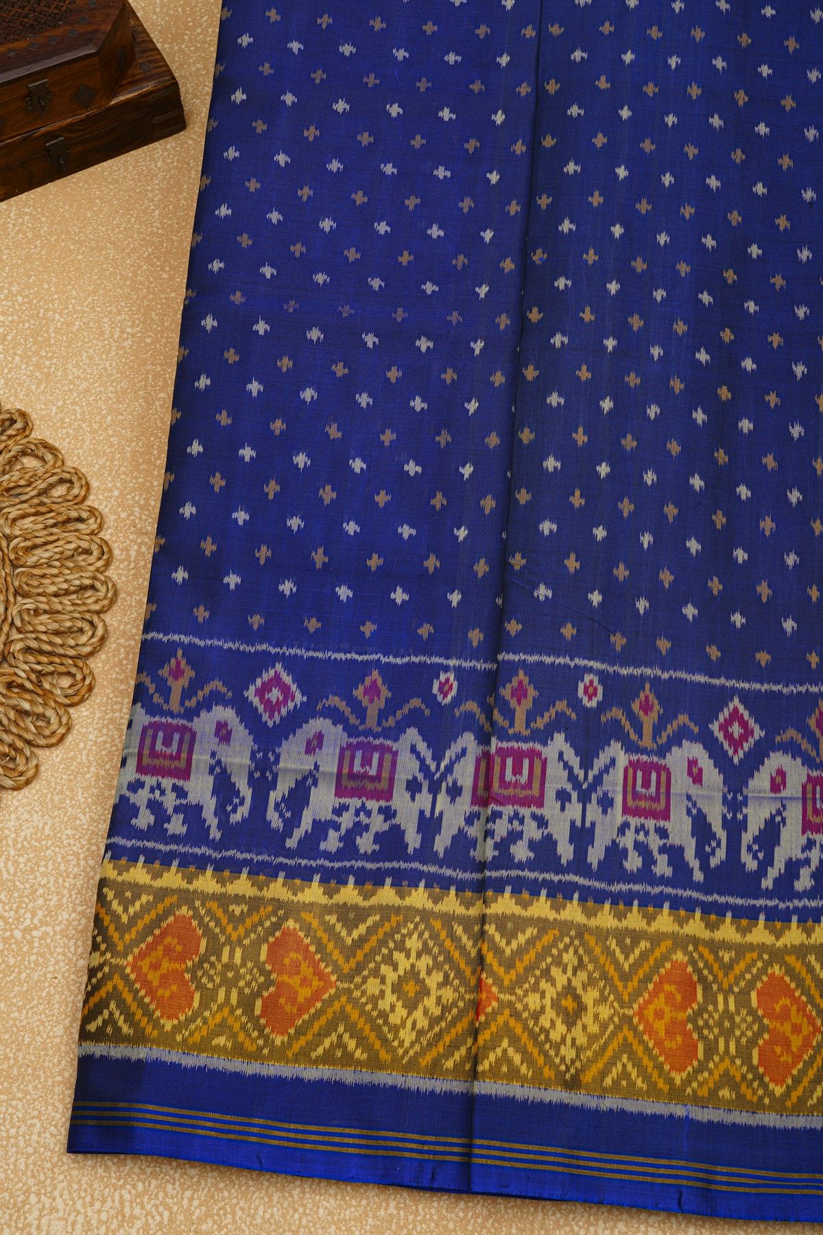 Patola Silk Royal Blue Saree With Florals And Elephants Body