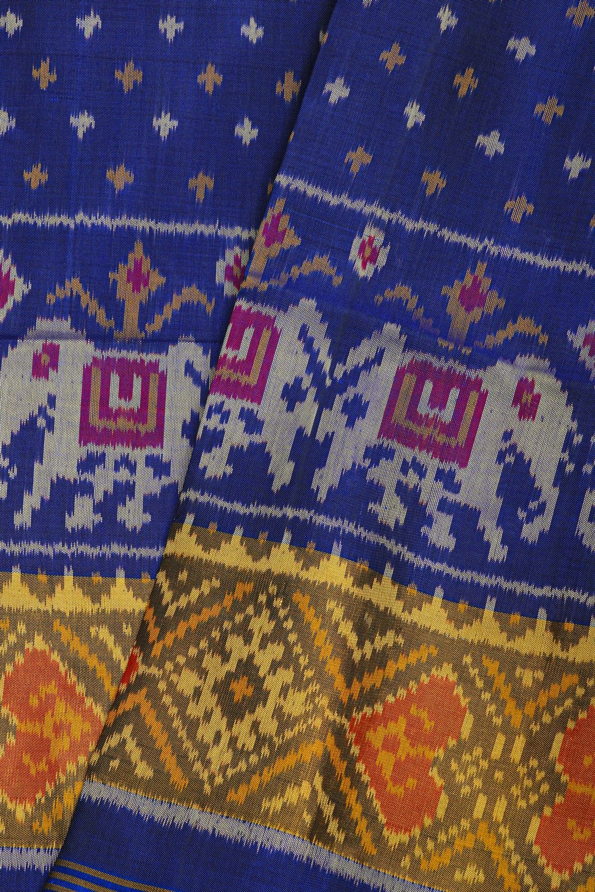 Patola Silk Royal Blue Saree With Florals And Elephants Body