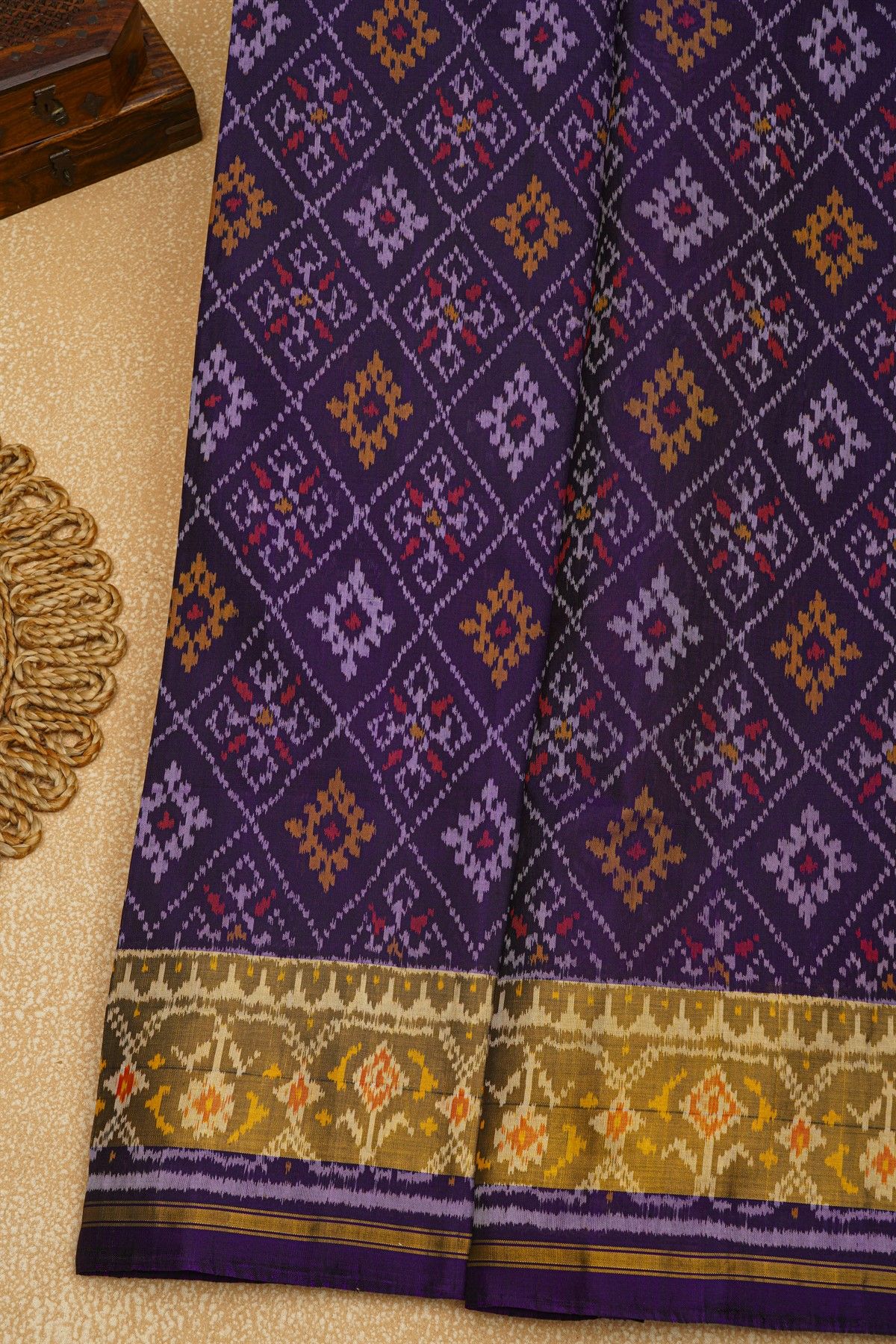 Patola Silk Navy Blue Saree With Florals And Leaves Jaal Border