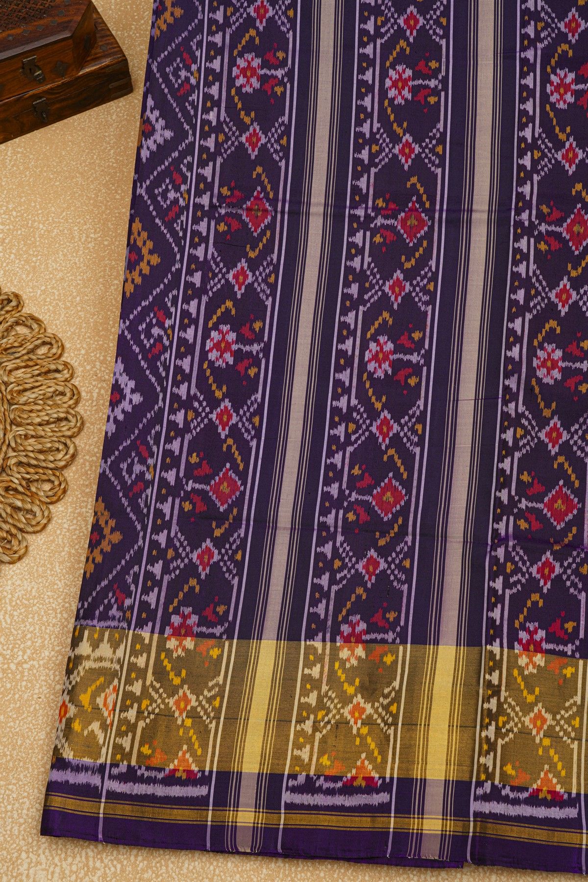 Patola Silk Navy Blue Saree With Florals And Leaves Jaal Border