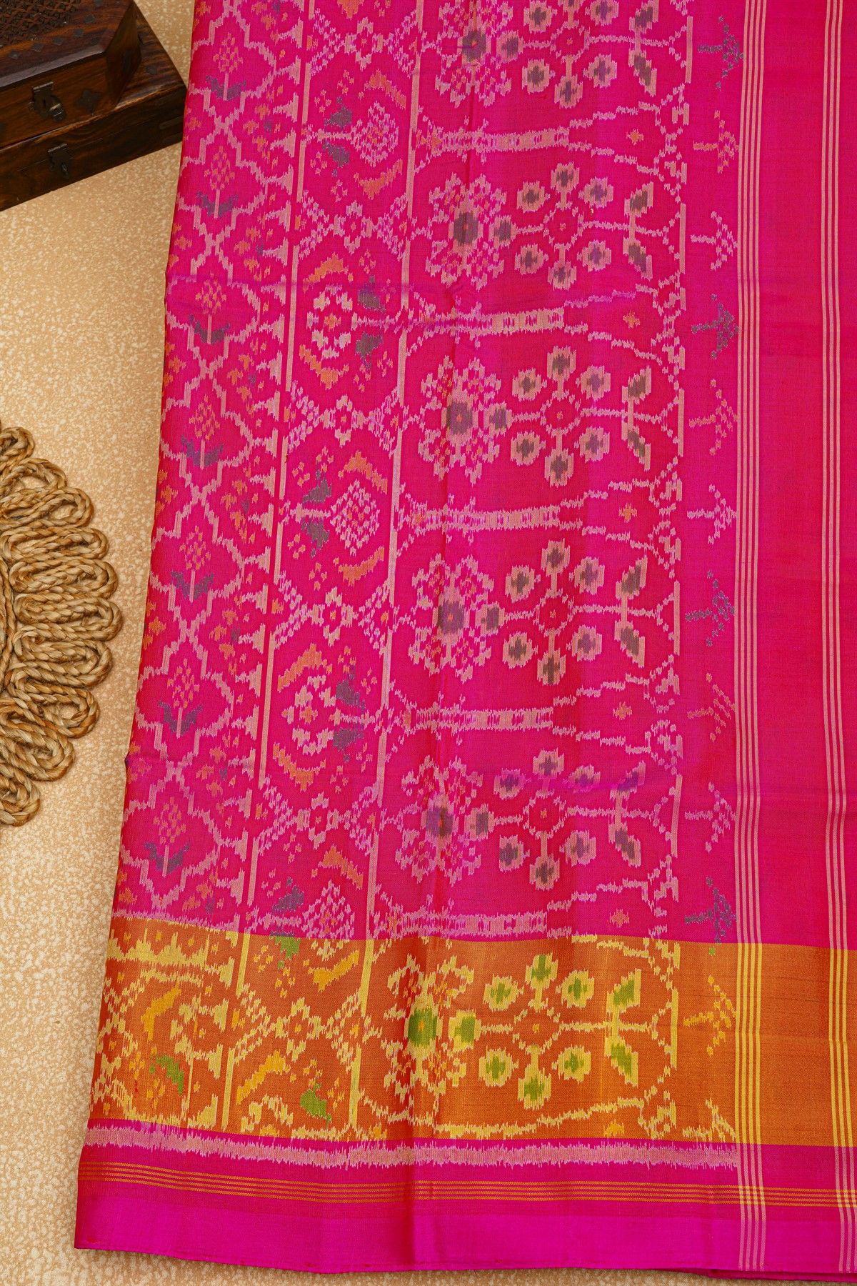 Patola Silk Pink Saree With Floral Buttis In Cross Checks Body