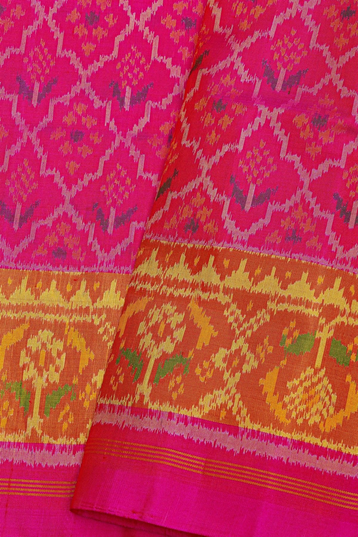 Patola Silk Pink Saree With Floral Buttis In Cross Checks Body