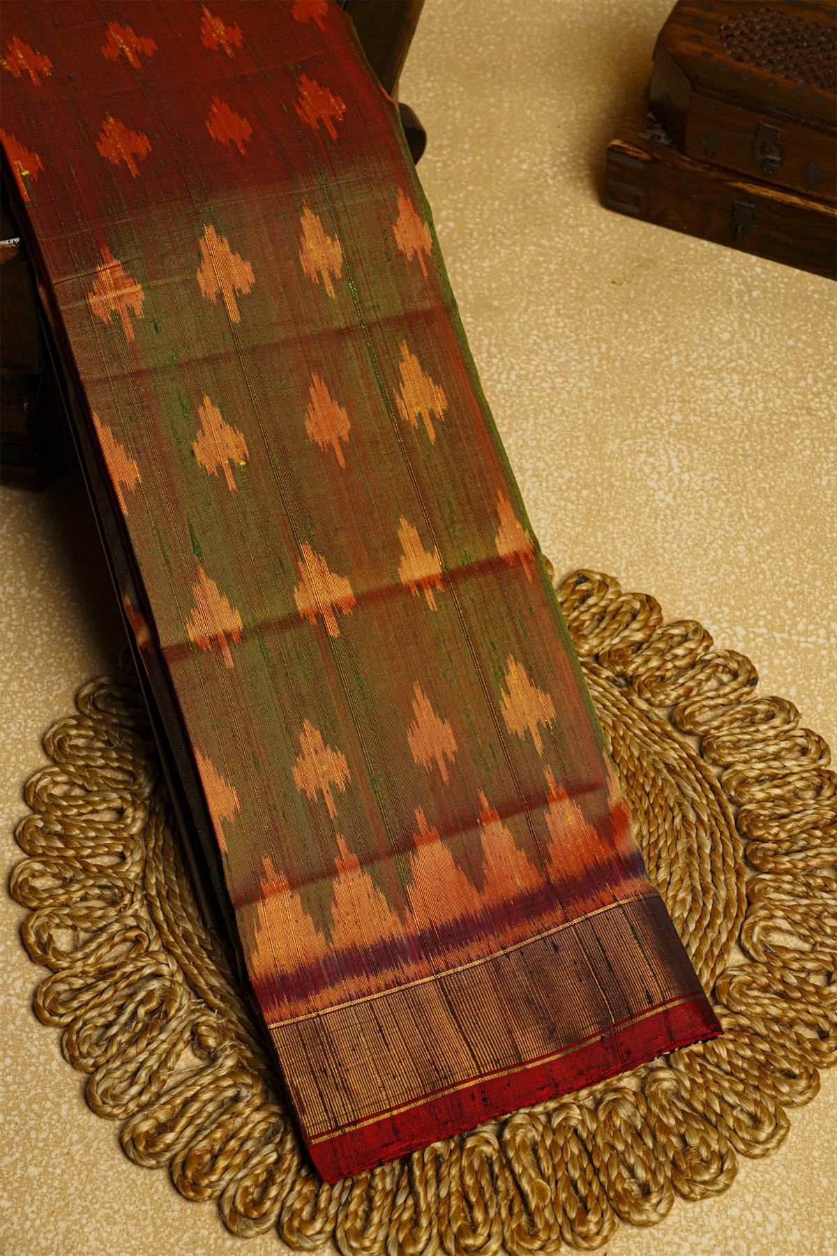 Patola Silk Dual Colour Saree With Floral Buttis Body