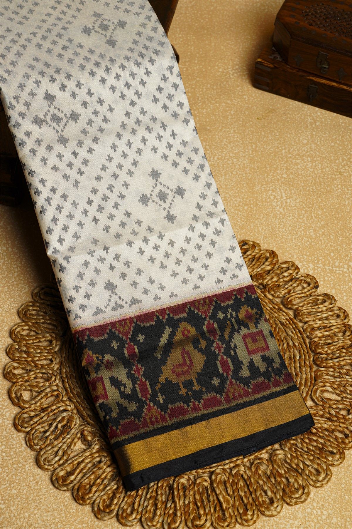 Patola Silk Off White Saree With Grey Geometric Motifs And Traditional Elephant Border