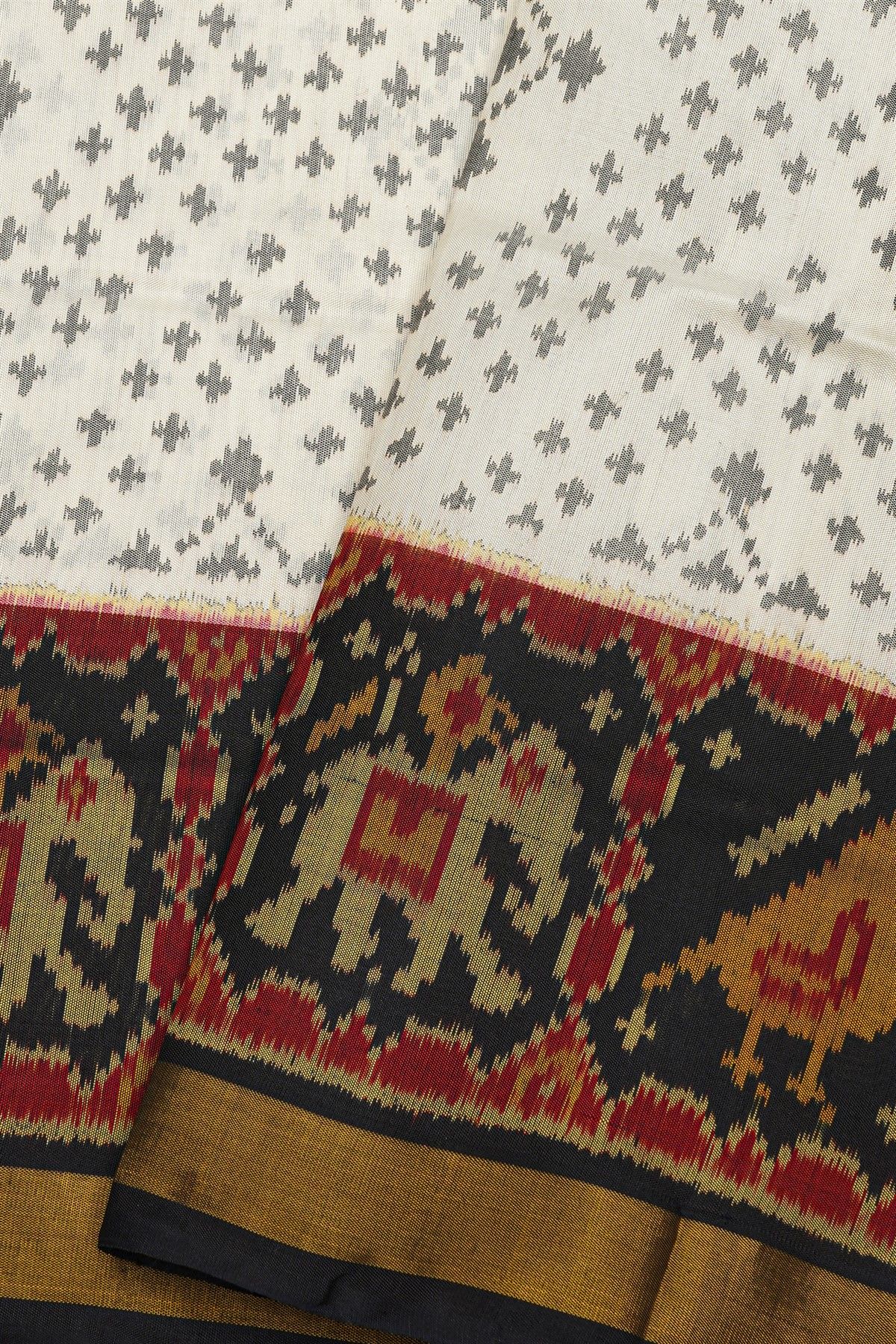 Patola Silk Off White Saree With Grey Geometric Motifs And Traditional Elephant Border