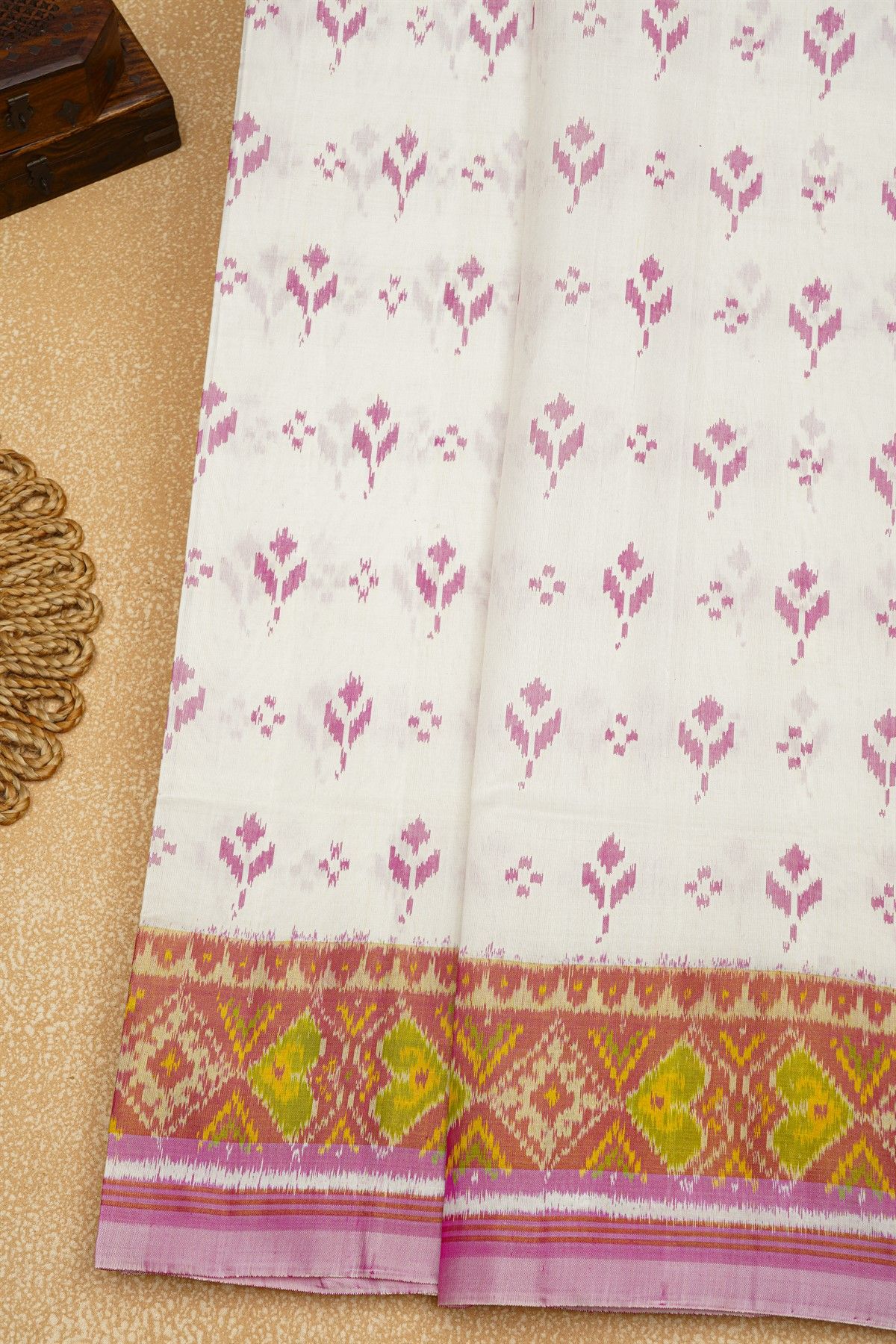 Patola Silk Off White Saree With Florals And Leaves Jaal Border