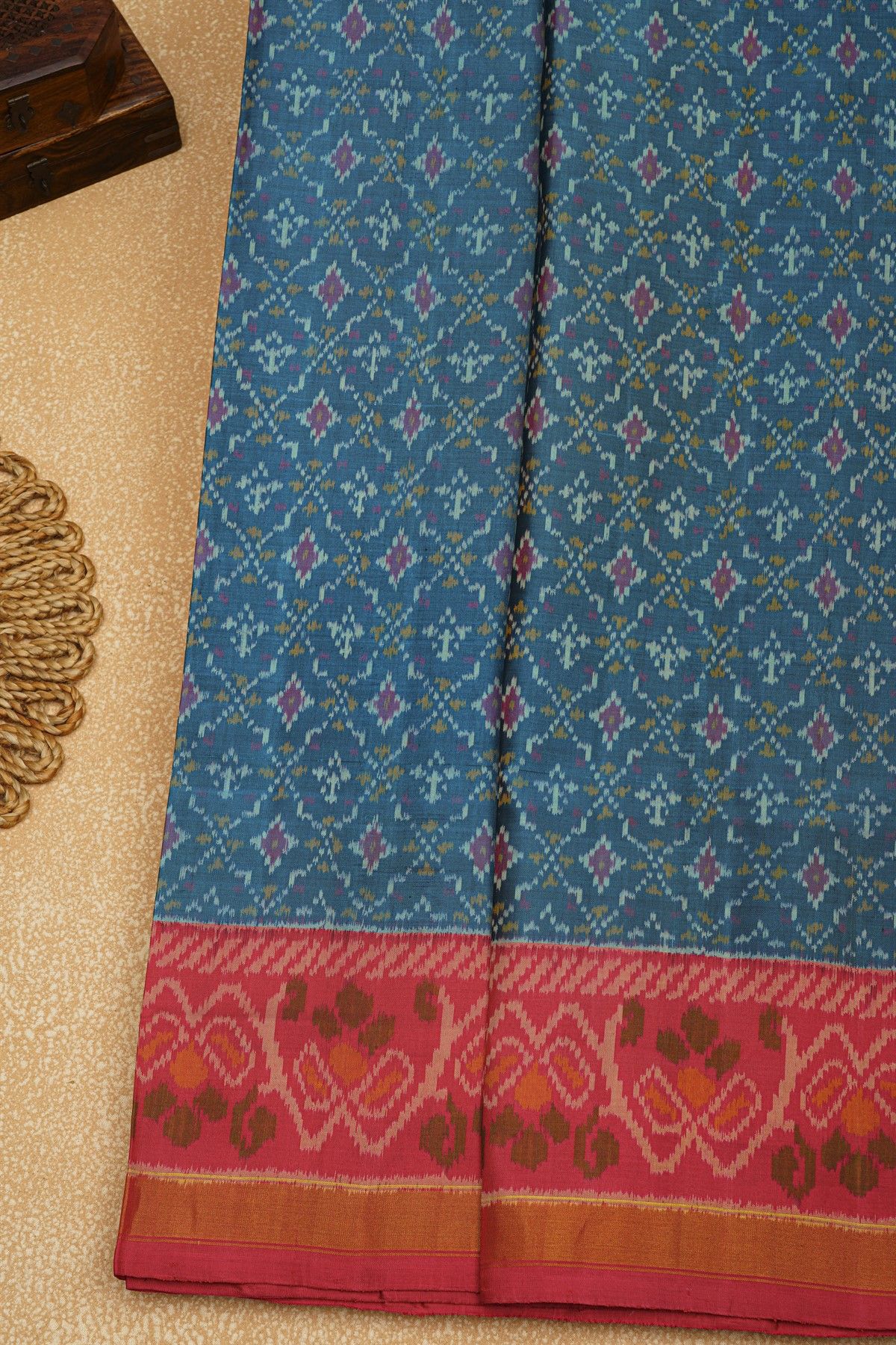 Patola Silk Rama Blue Saree With Florals In Cross Checks Body