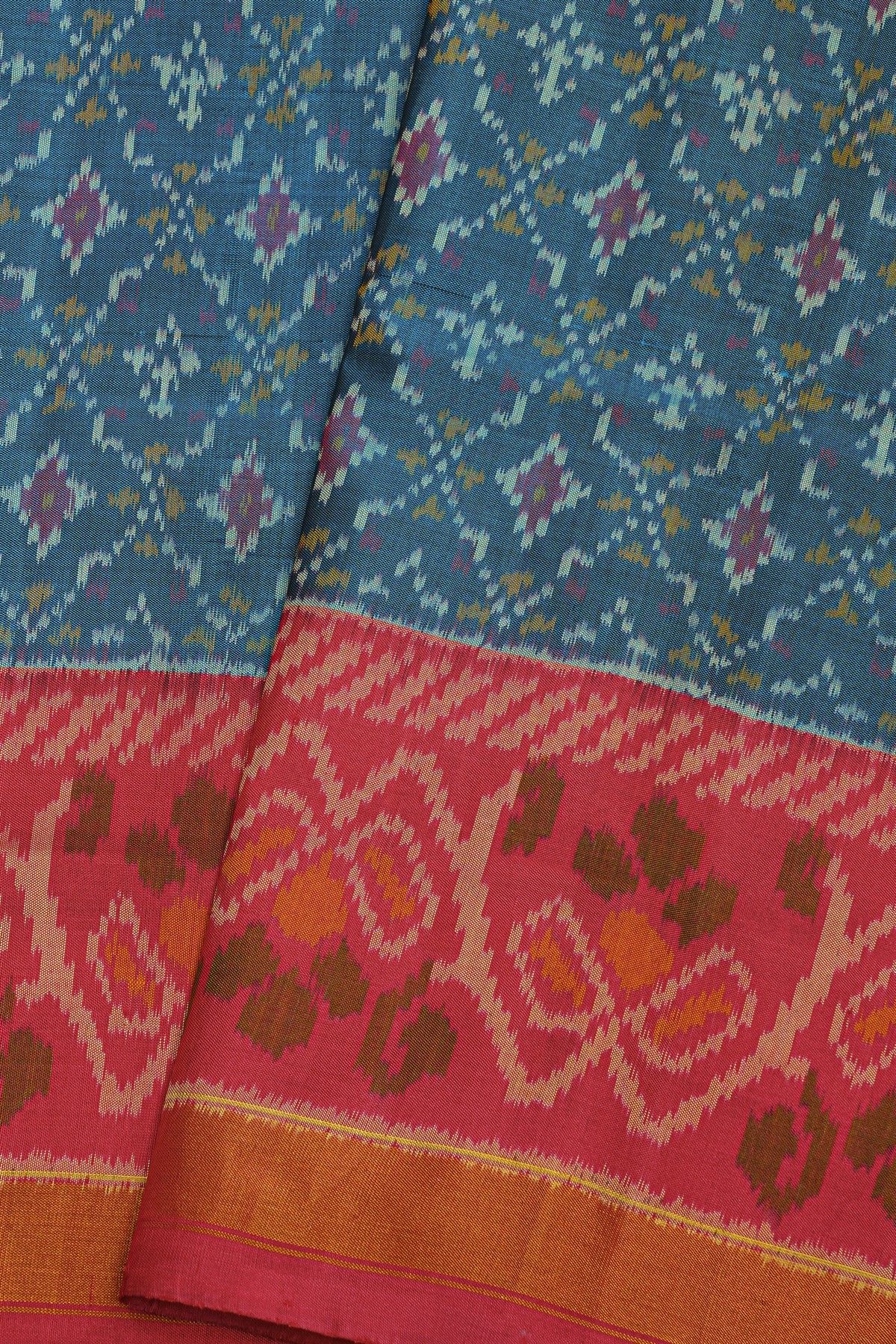 Patola Silk Rama Blue Saree With Florals In Cross Checks Body
