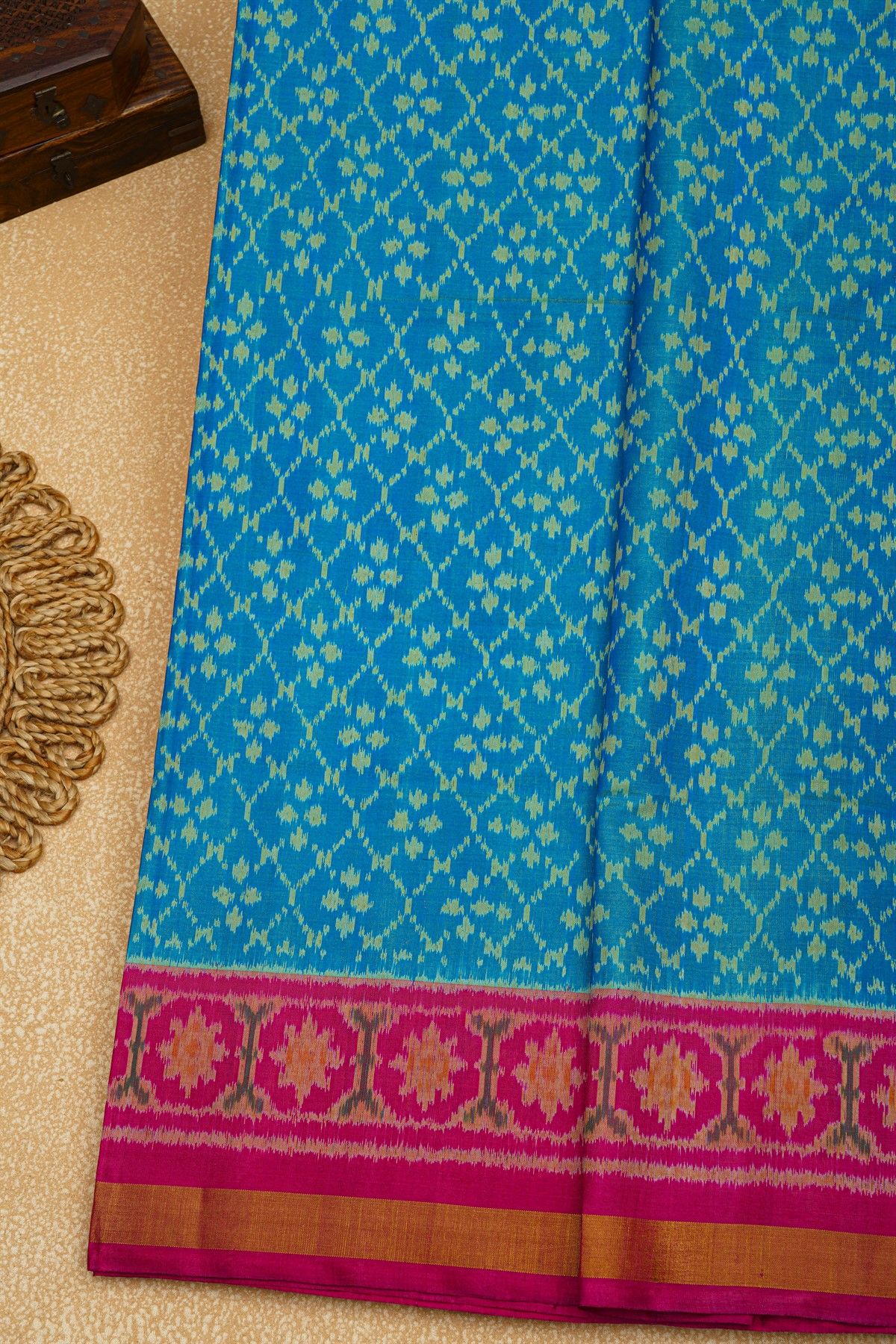 Patola Silk Sea Blue Saree With Florals And Leaves Jaal Border
