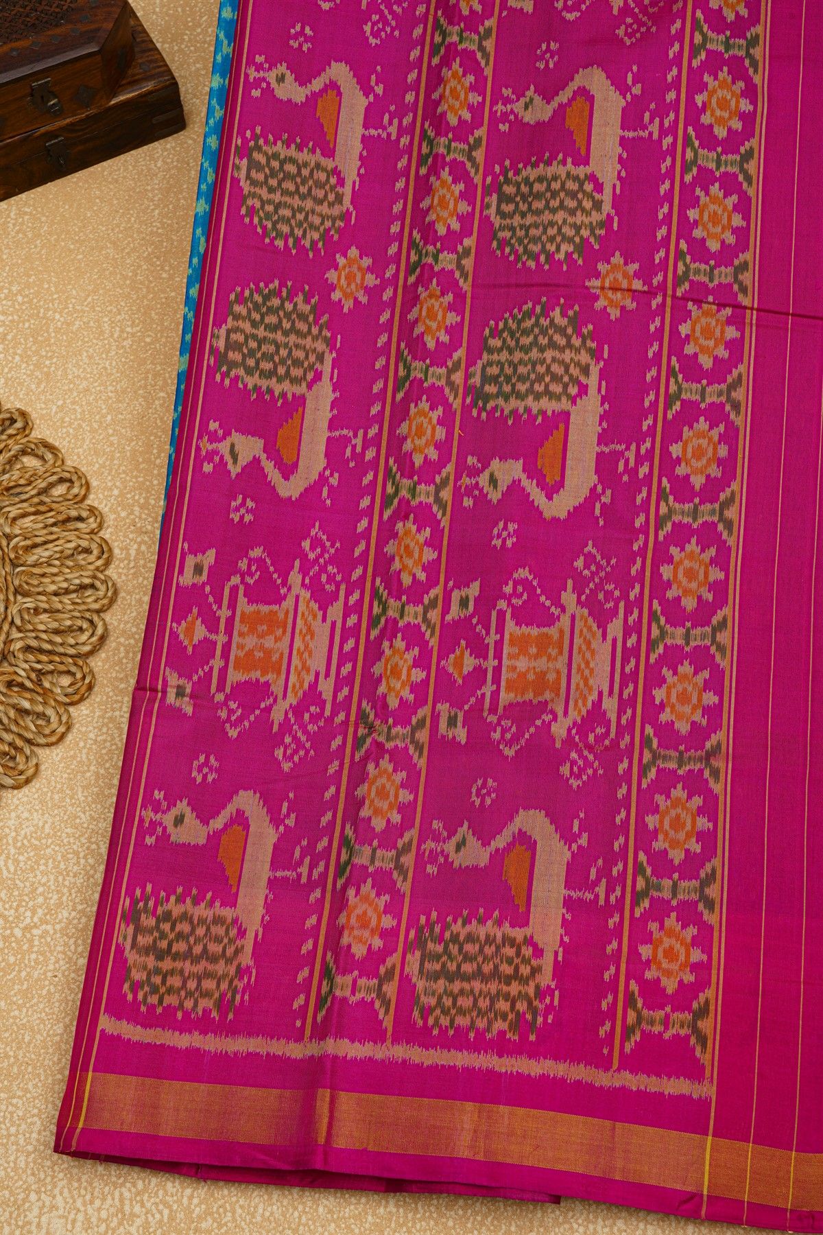 Patola Silk Sea Blue Saree With Florals And Leaves Jaal Border