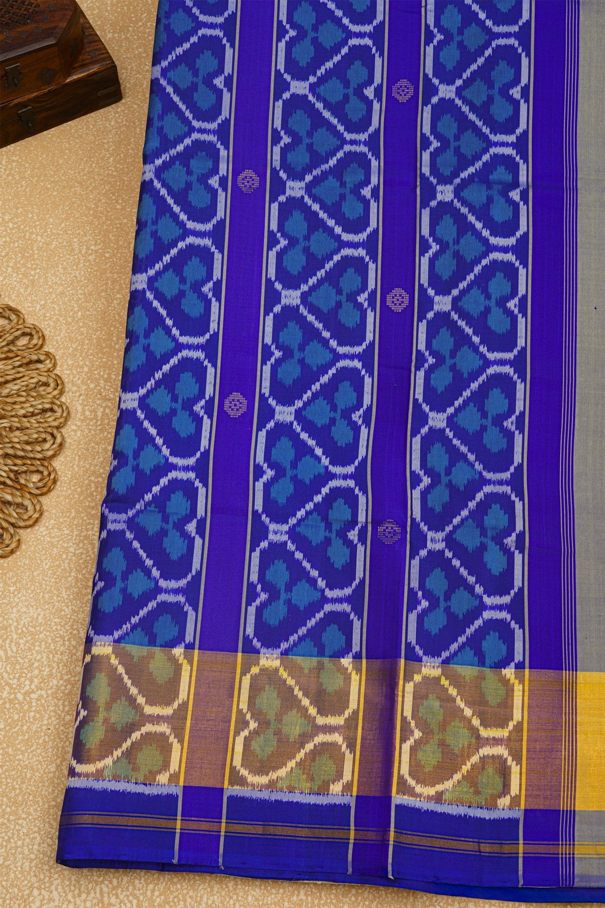 Patola Silk Royal Blue Saree With Florals And Buttis Body
