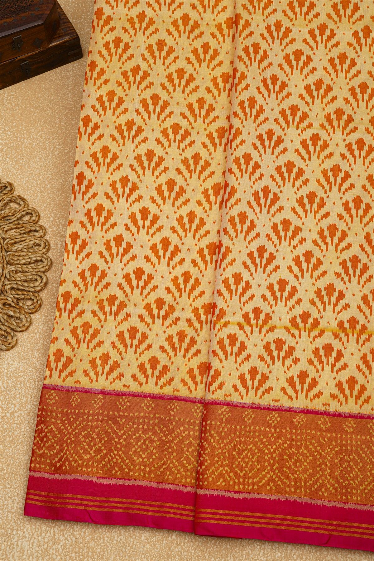 Patola Silk Cream Saree With Floral Buttis Body