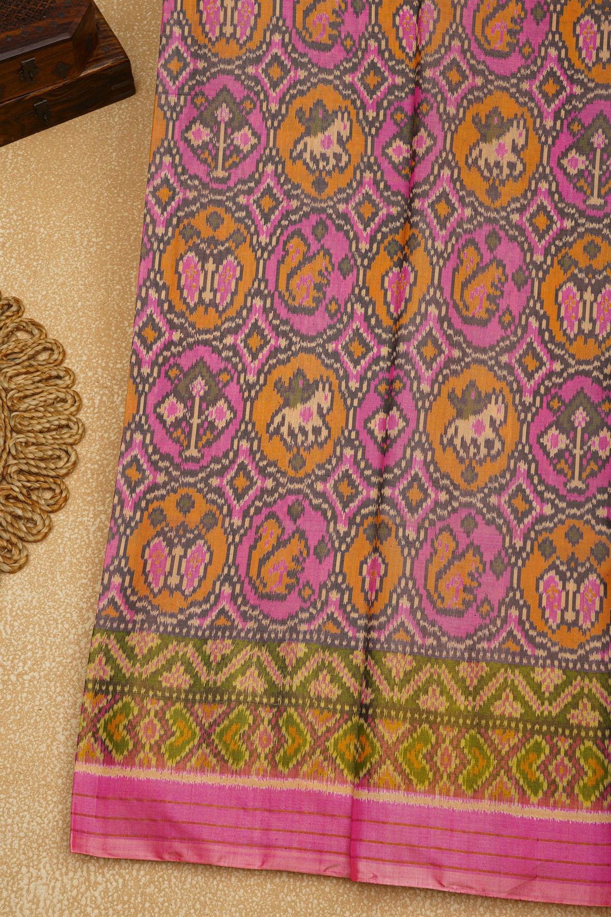 Patola Silk Baby Pink Saree With Florals And Animals In Circles Body