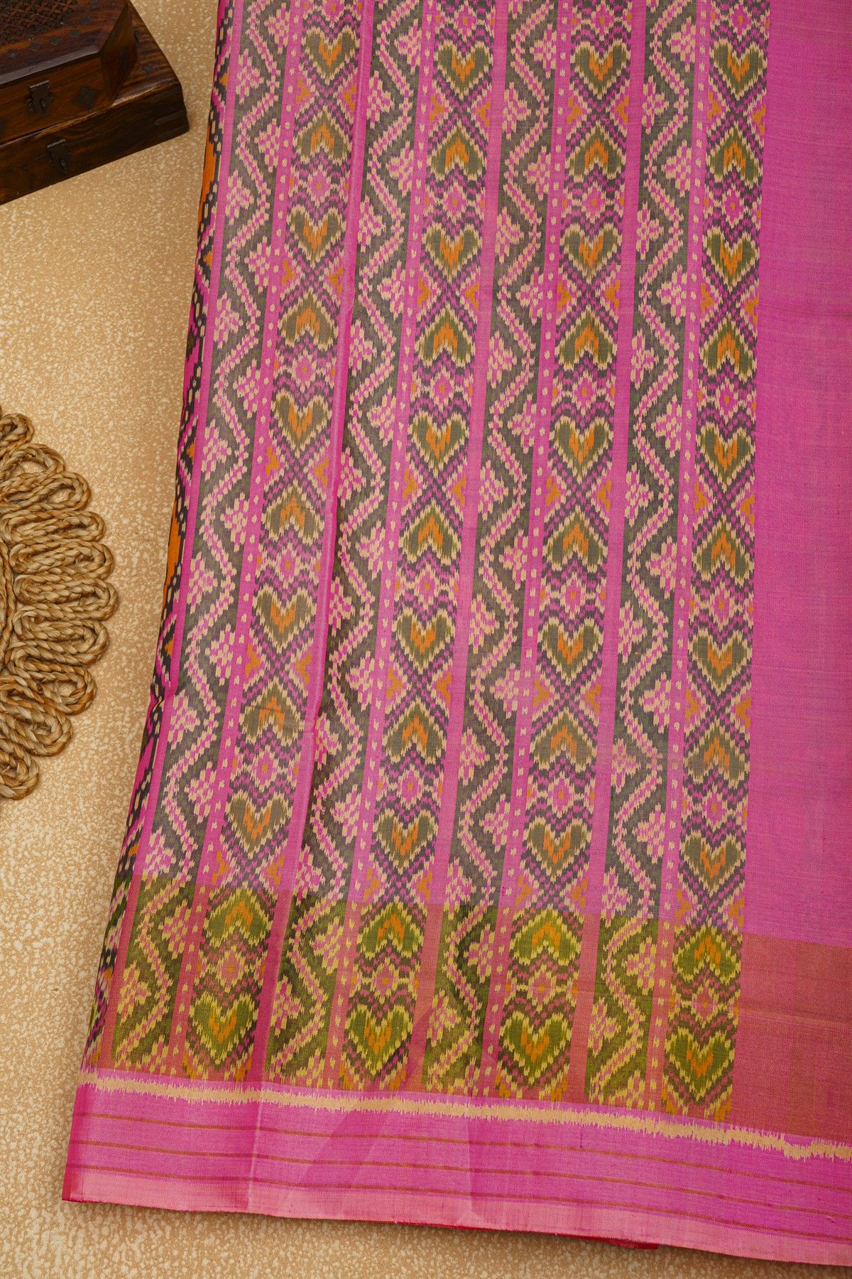 Patola Silk Baby Pink Saree With Florals And Animals In Circles Body