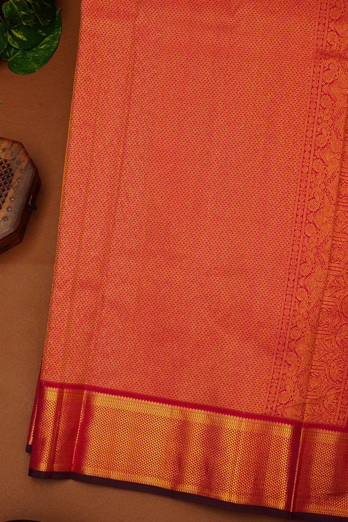 Kancheepuram Silk Orange Saree With Floral And Peacock Thread Work And Zari Border