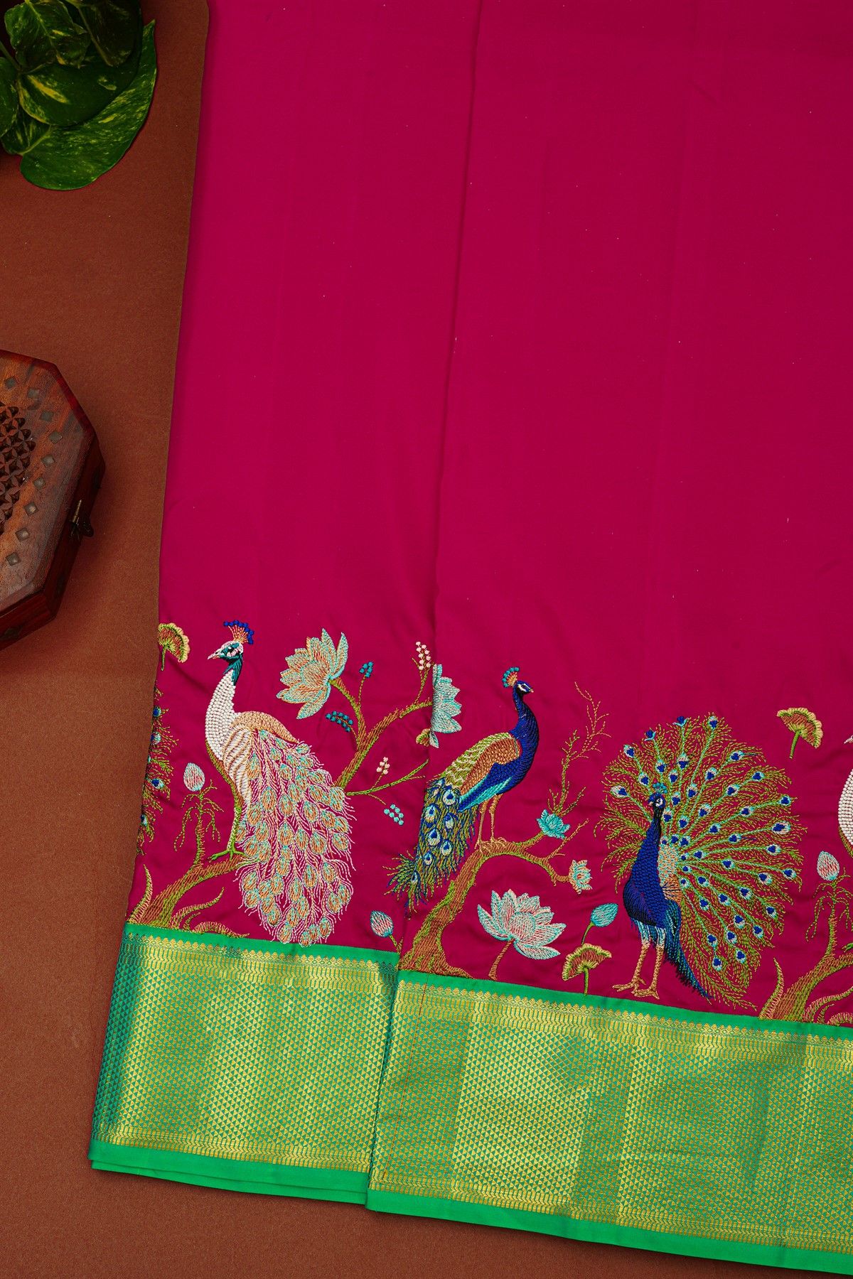 Kancheepuram Silk Rani Pink Saree With Thread Embroidery Work Body