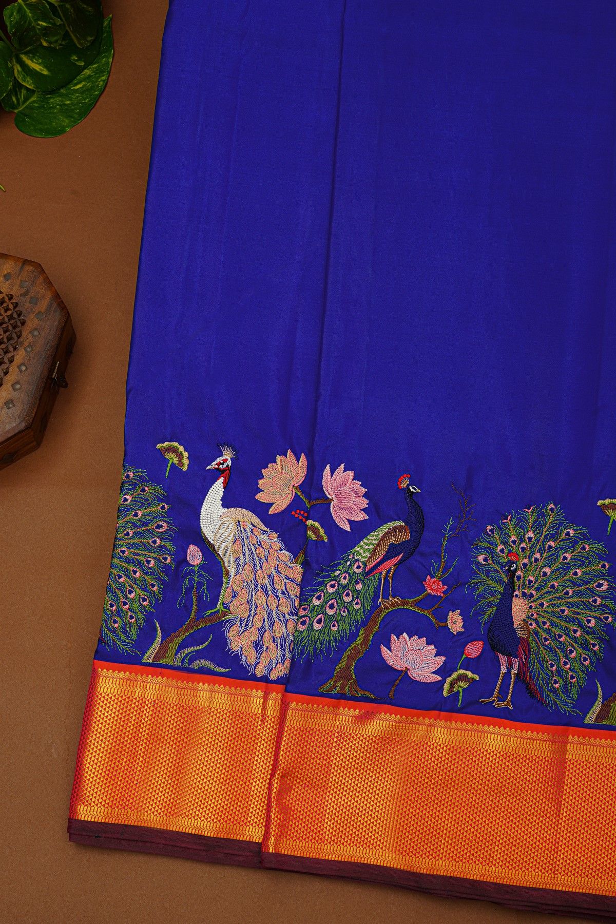 Kancheepuram Silk Royal Blue Saree With Thread Embroidery Work Body