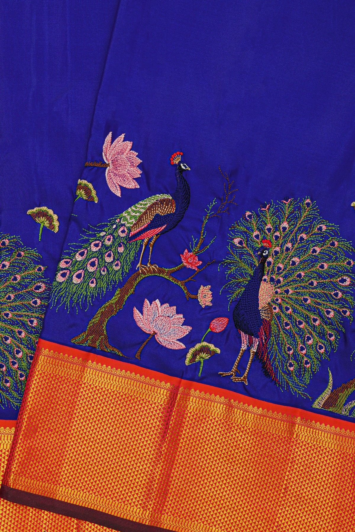 Kancheepuram Silk Royal Blue Saree With Thread Embroidery Work Body