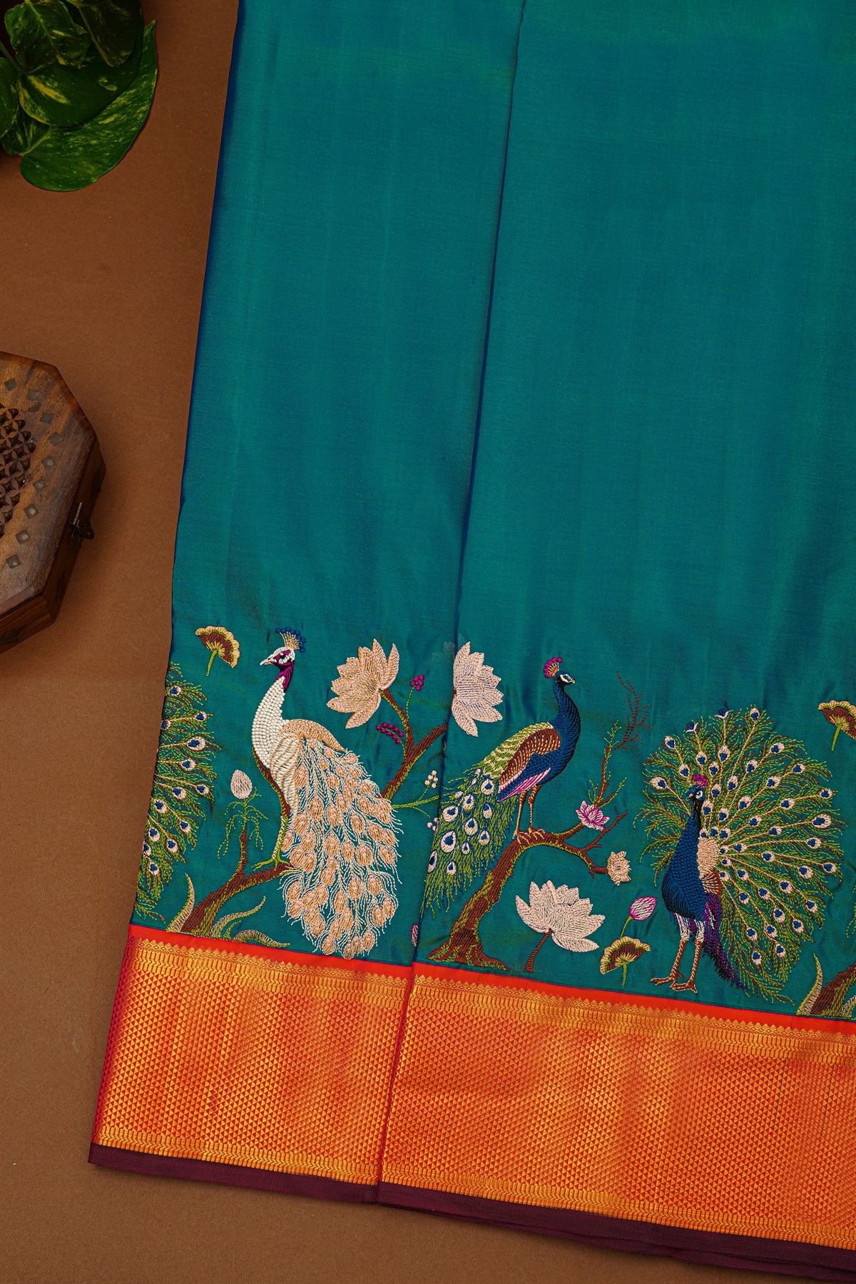 Kancheepuram Silk Teal Blue Saree With Thread Embroidery Work