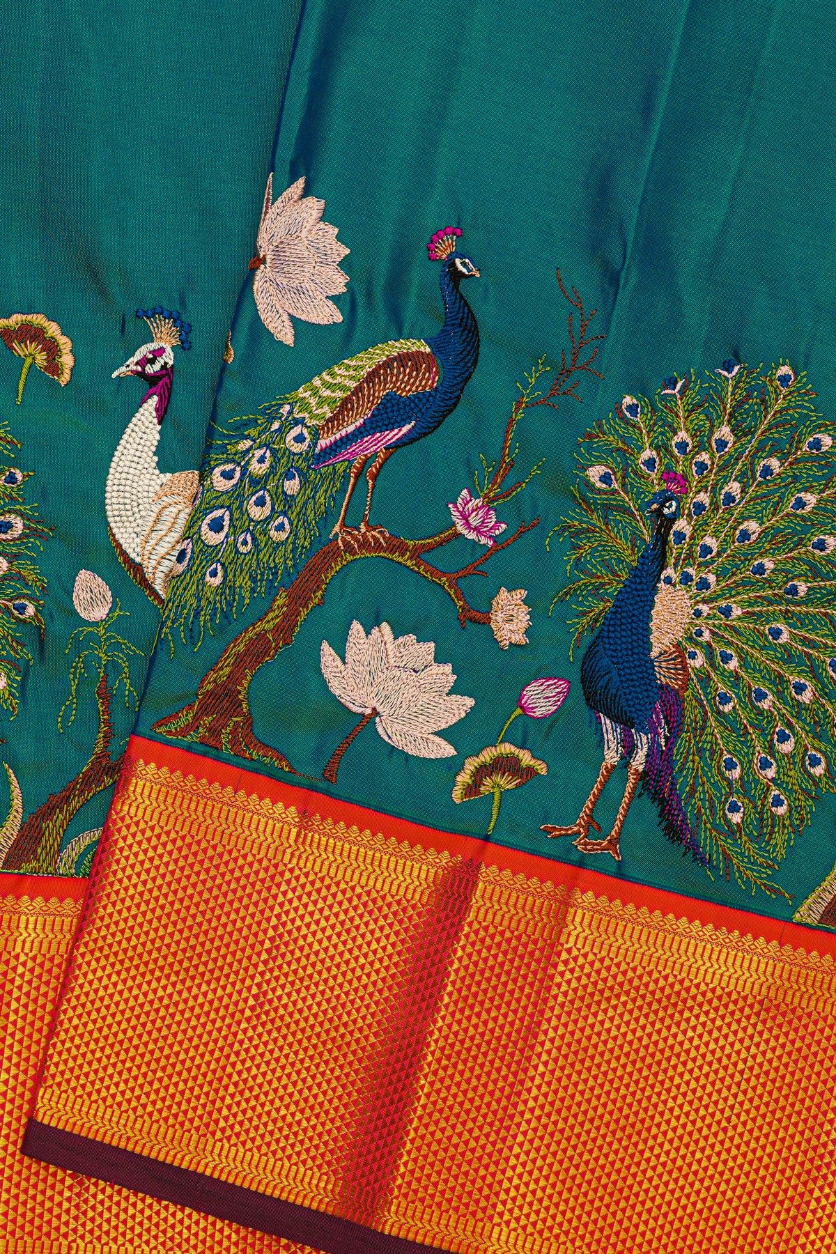 Kancheepuram Silk Teal Blue Saree With Thread Embroidery Work