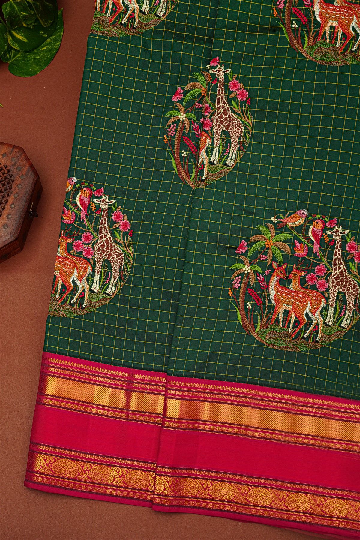 Kancheepuram Silk Bottle Green Saree With Vintage Zari Checks And Thread Embroidery Work
