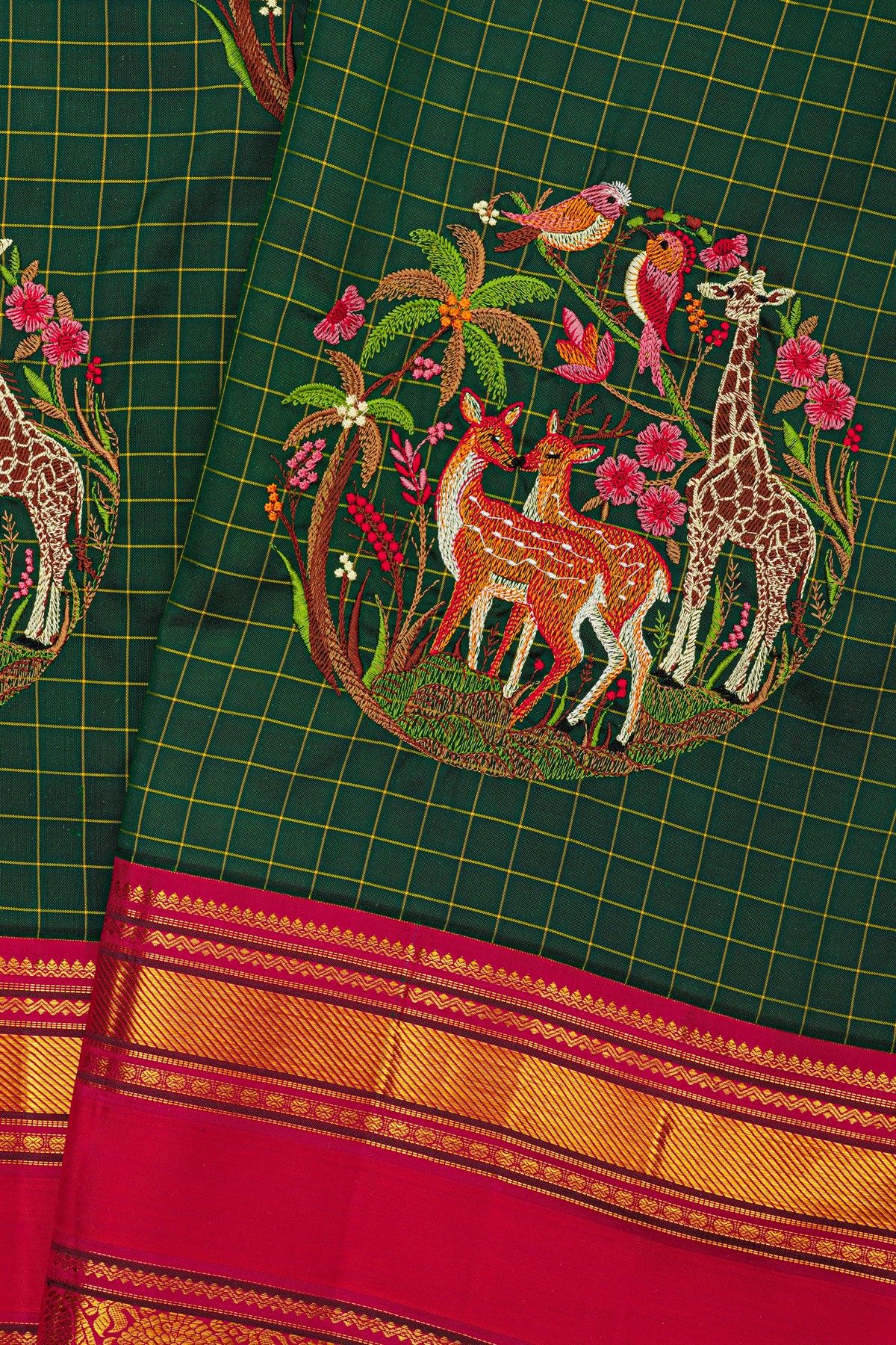 Kancheepuram Silk Bottle Green Saree With Vintage Zari Checks And Thread Embroidery Work